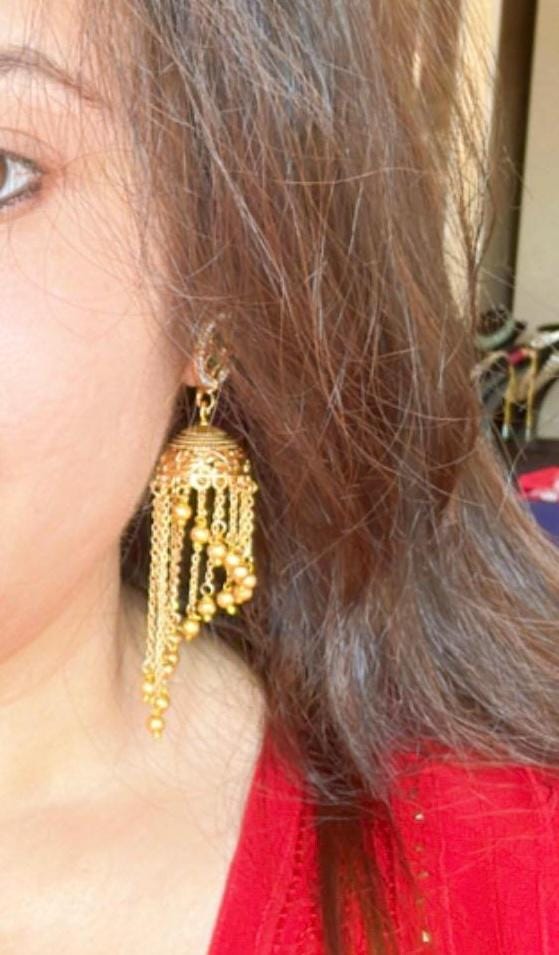 Antique finish Gold jadau jhumka earrings with pearl and chains gold polished trendy