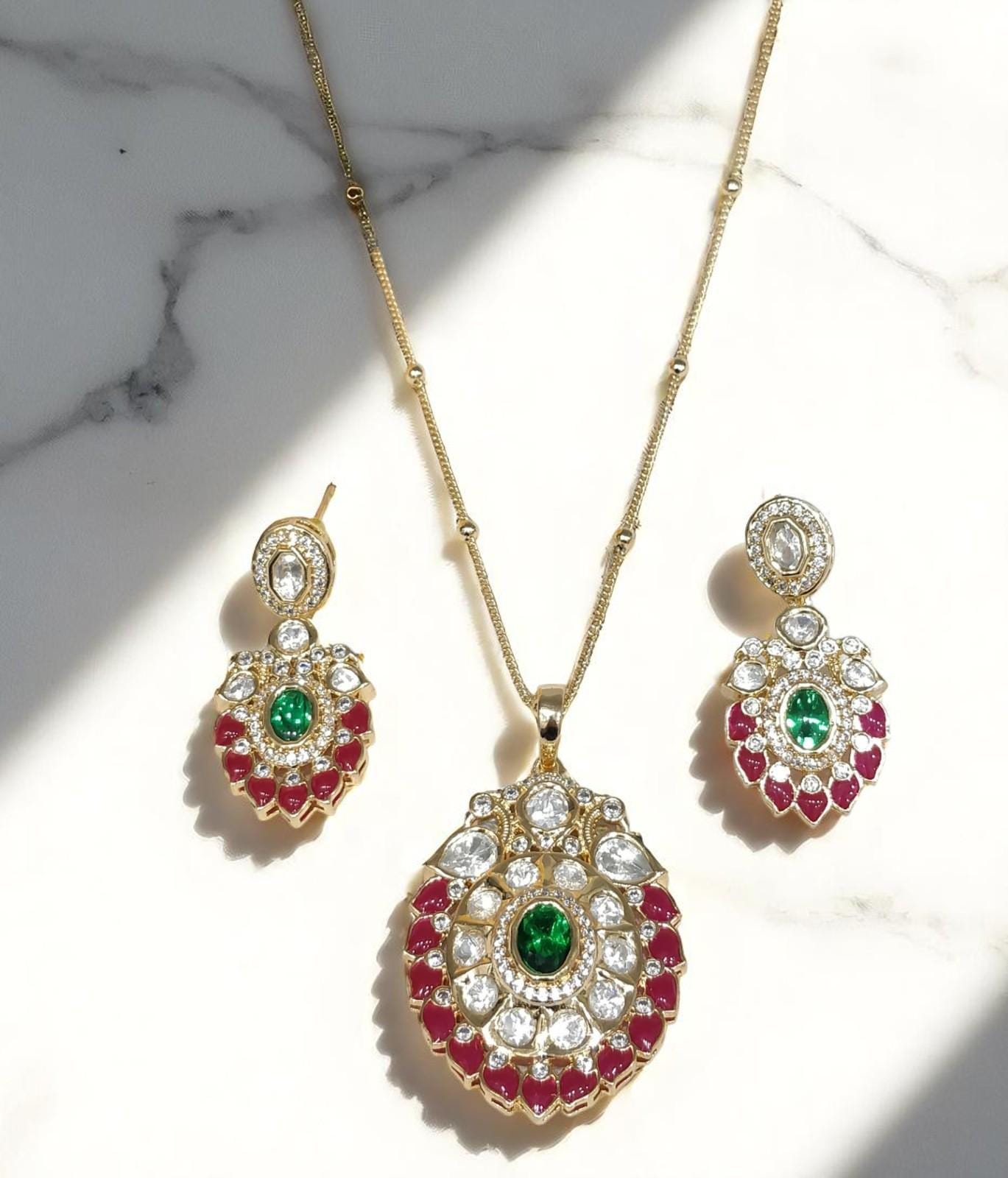Mossanite, polki, American diamonds chain pendant necklace set adjustable gold polished