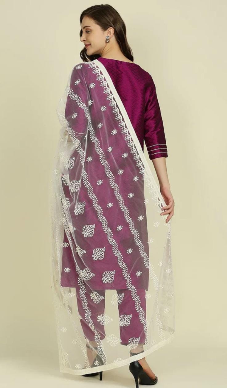 Floral Embroidered Off White Net Dupatta stole