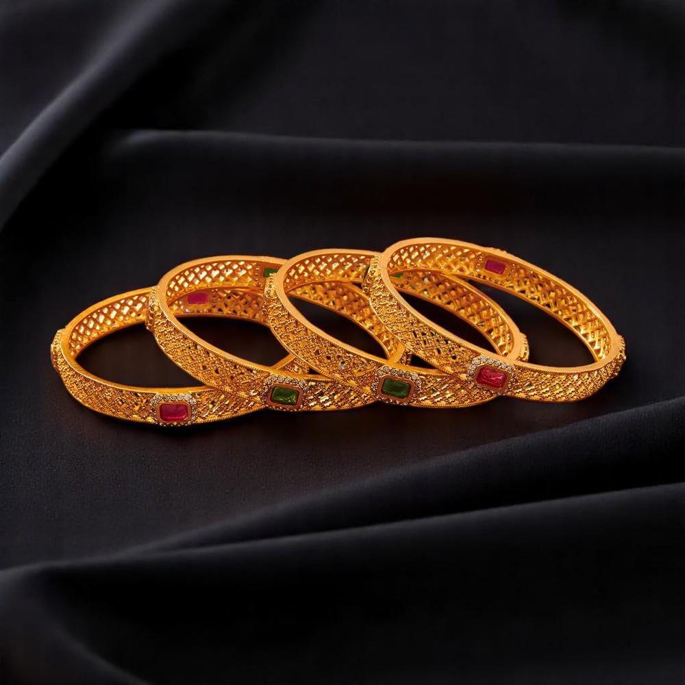 Gold polished bangles jali style delicate trendy set of 4 ruby green stone