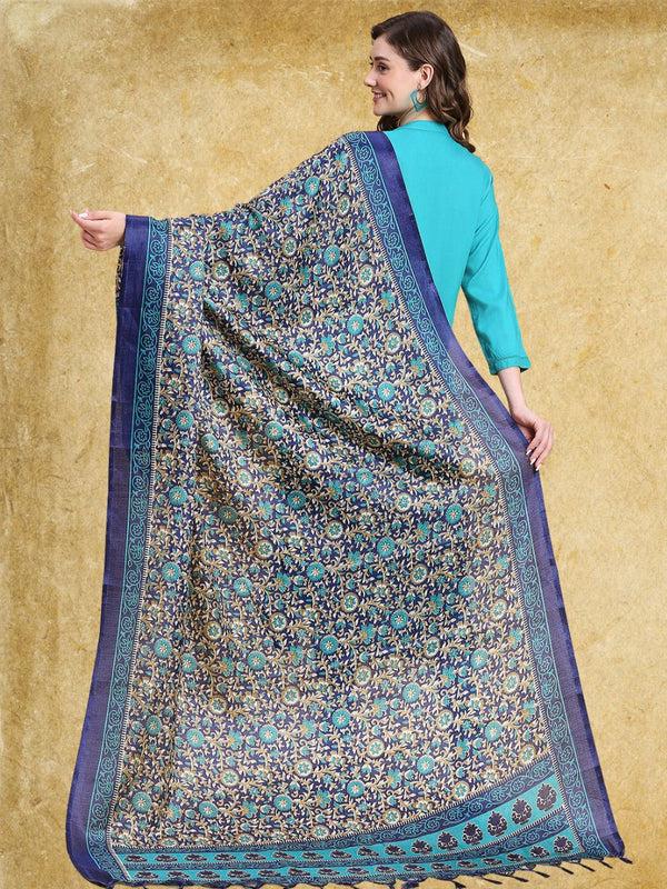 Floral Printed Art Silk Dupatta Blue