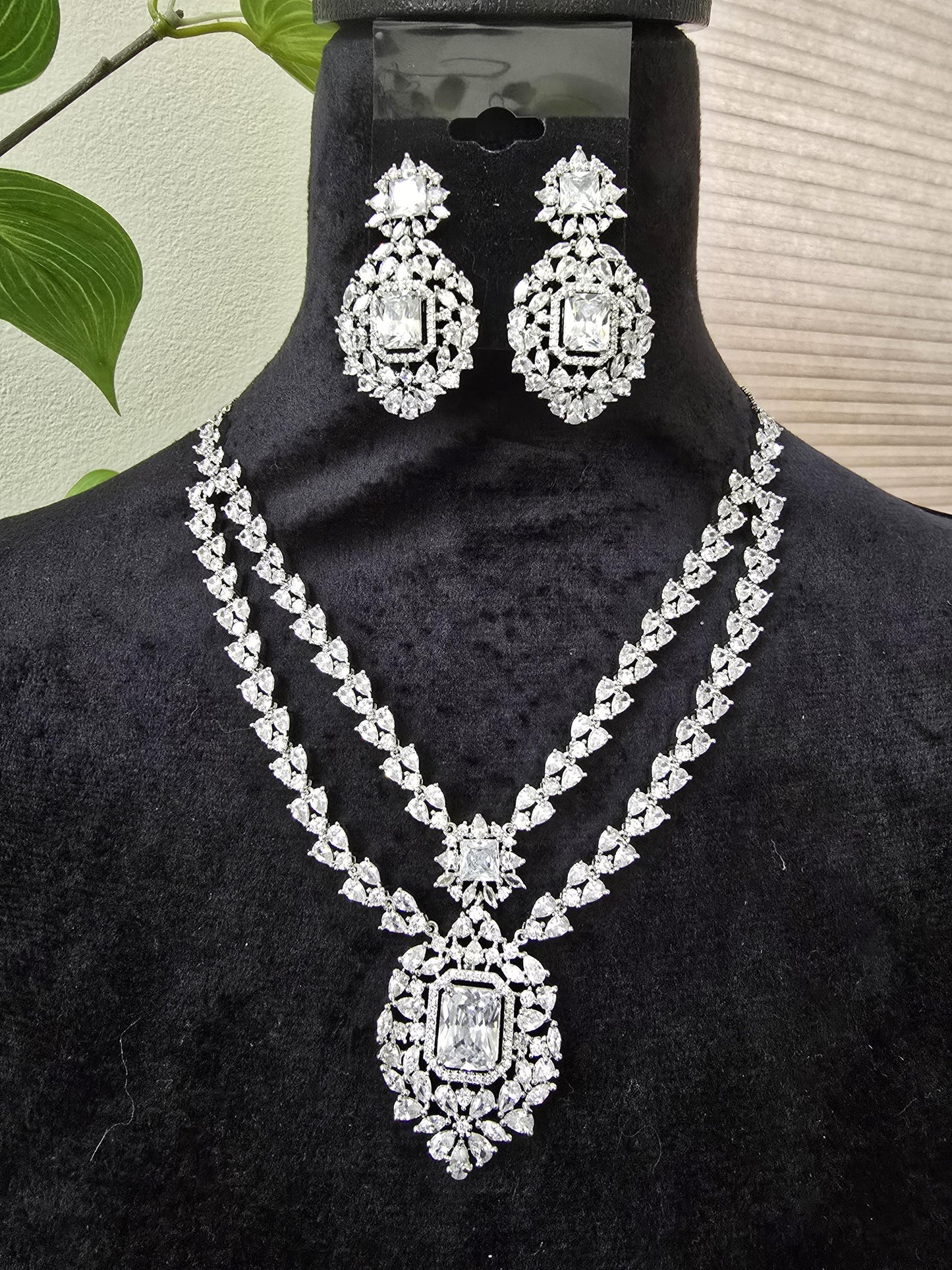 American diamonds long layered necklace set adjustable silver polished