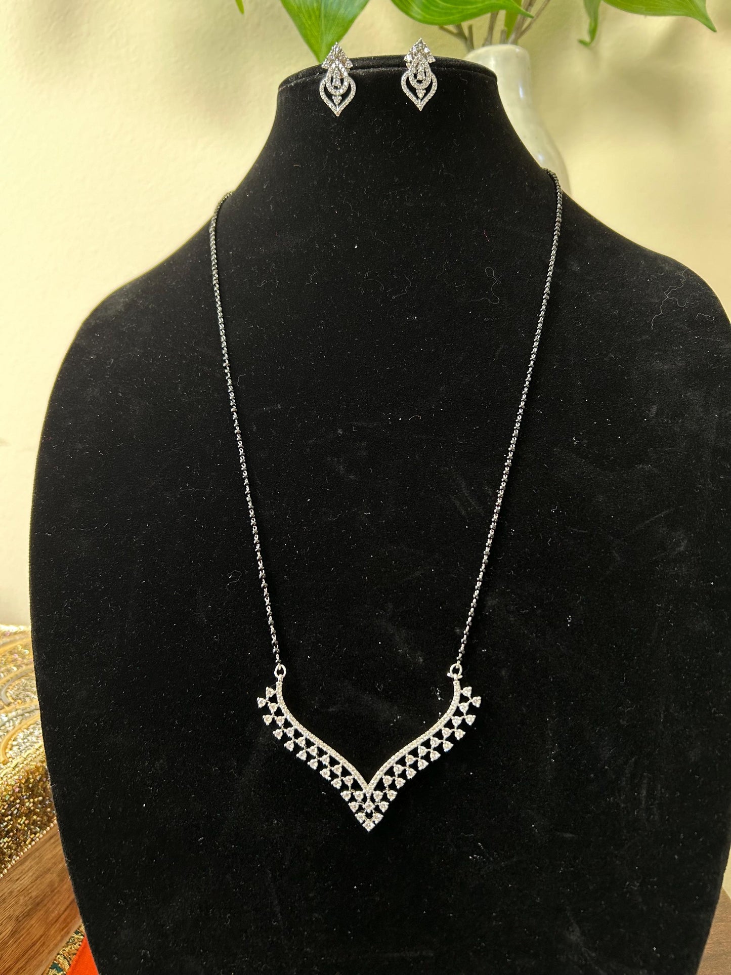 Diamond mangalsutra silver polished zirconia black beads long