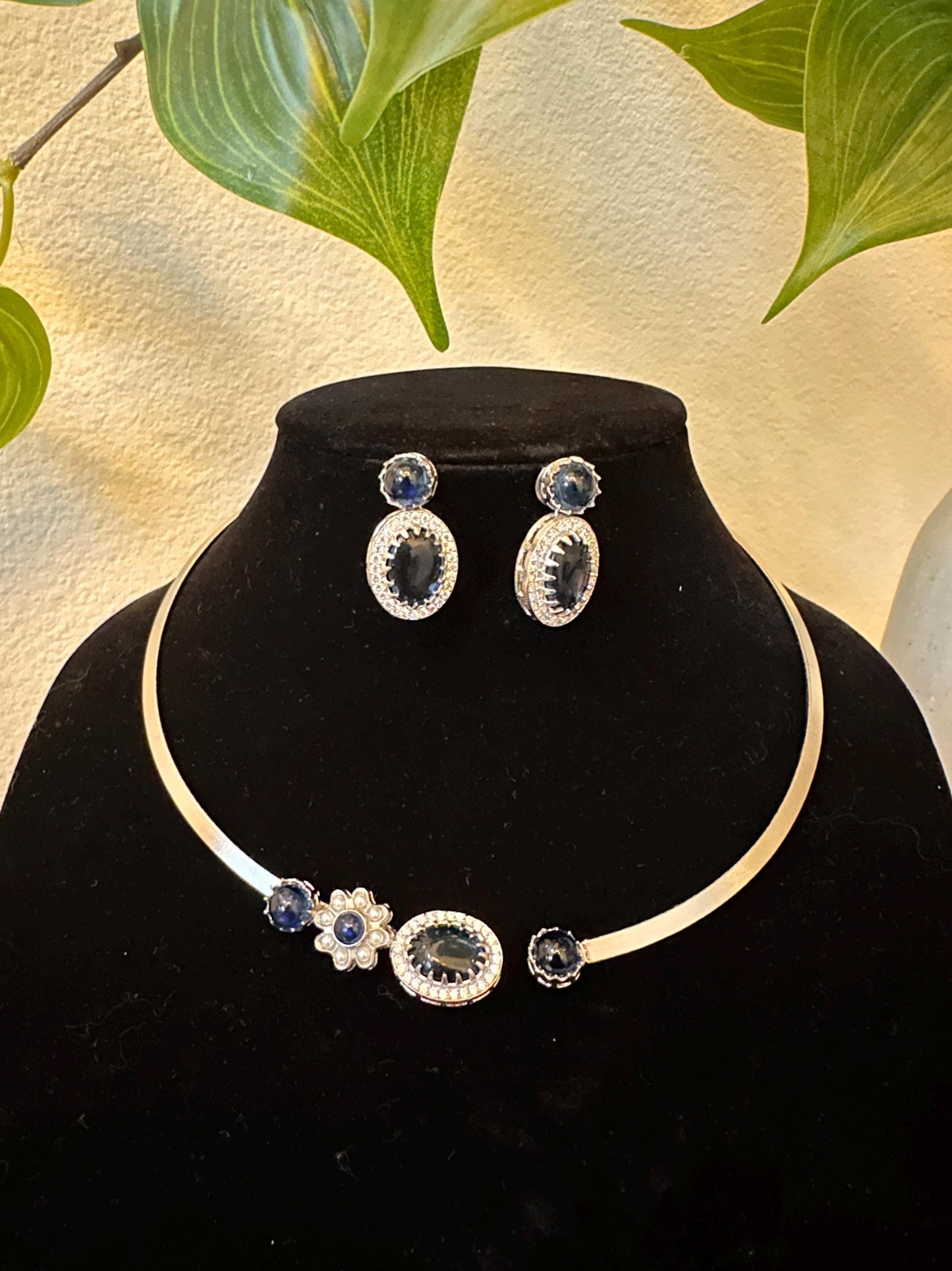 Trendy stylish hasli necklace set with stones blue green