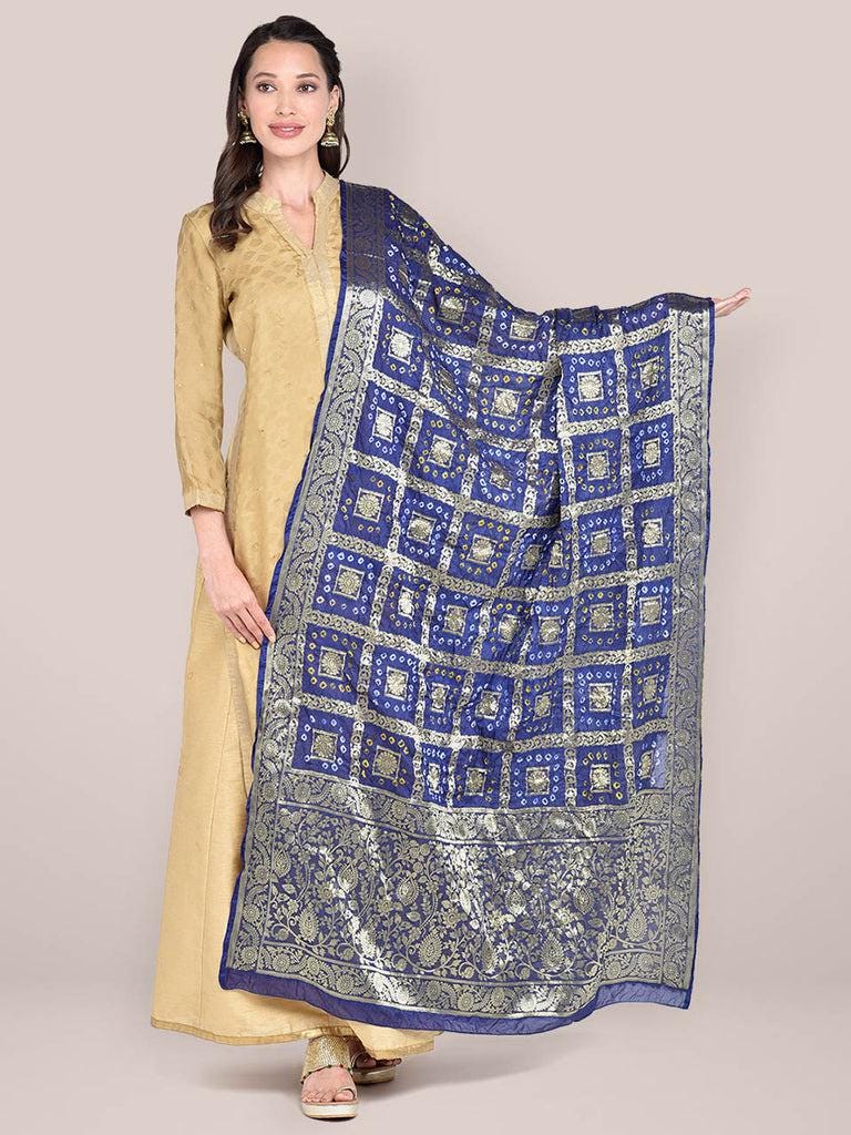 Navy Blue Banarasi Bandhej Gharchola Silk Dupatta