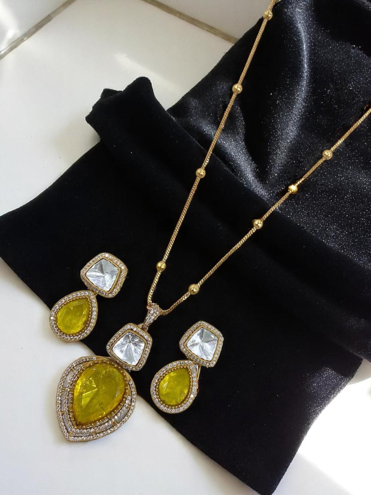 Mossanite, polki, American diamonds chain pendant necklace set adjustable gold polished