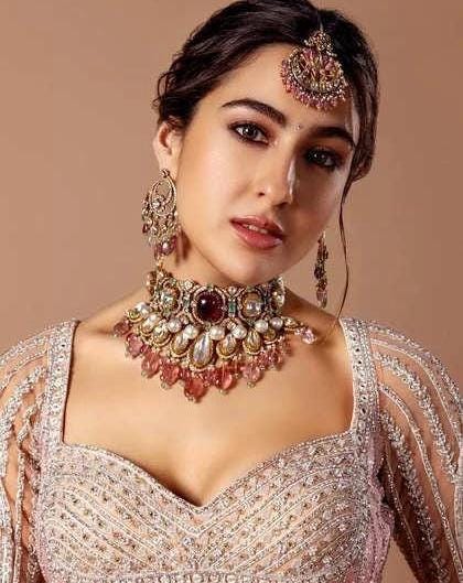 Sara Ali Khan inspired Doublet stone choker necklace set with Mossanite, polki American diamonds adjustable gold polished