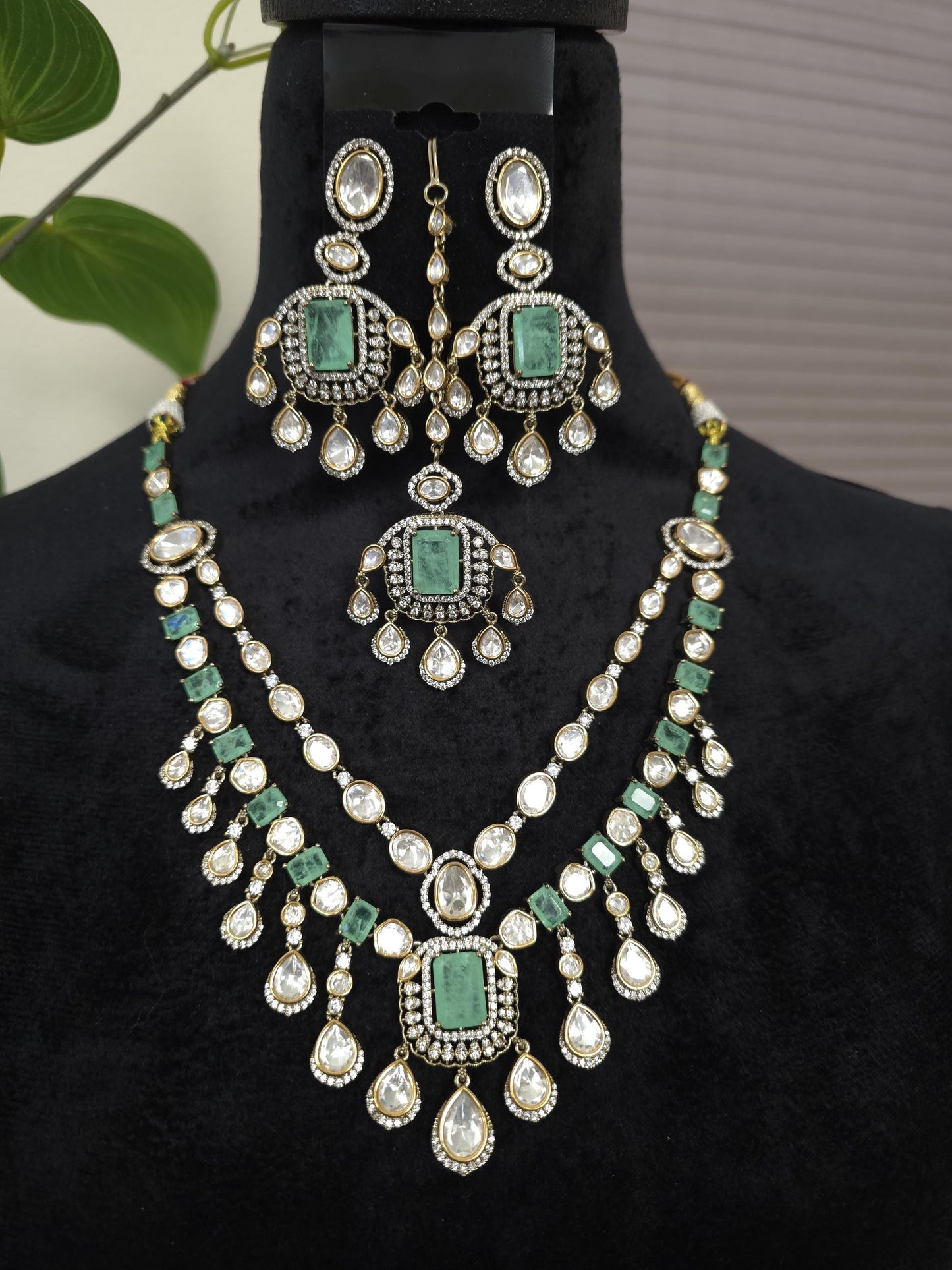 Doublet stone mint green long premium necklace set with Mossanite, American diamonds adjustable gold polished