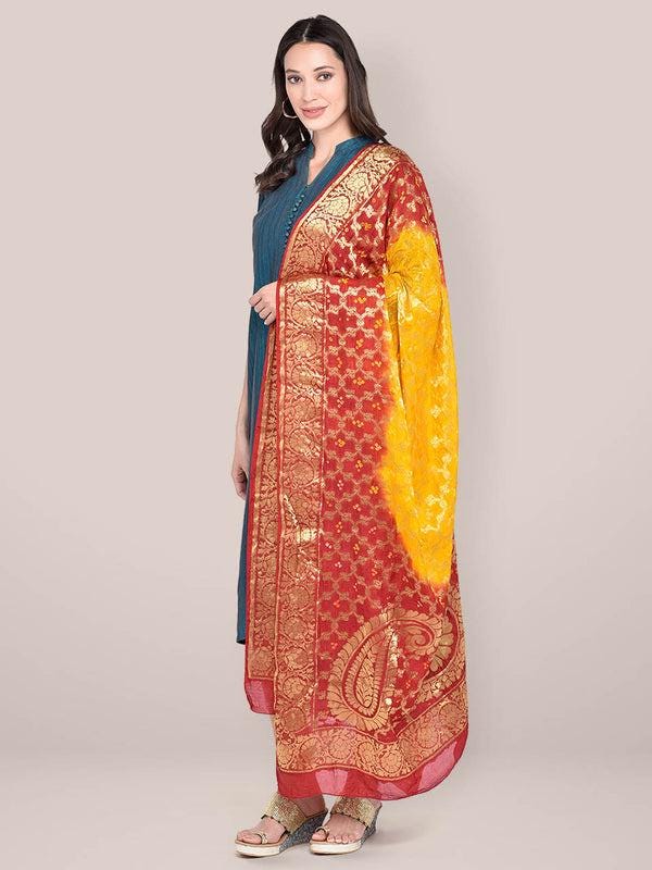 Red & Yellow Banarasi Bandhej Gharchola Silk Dupatta
