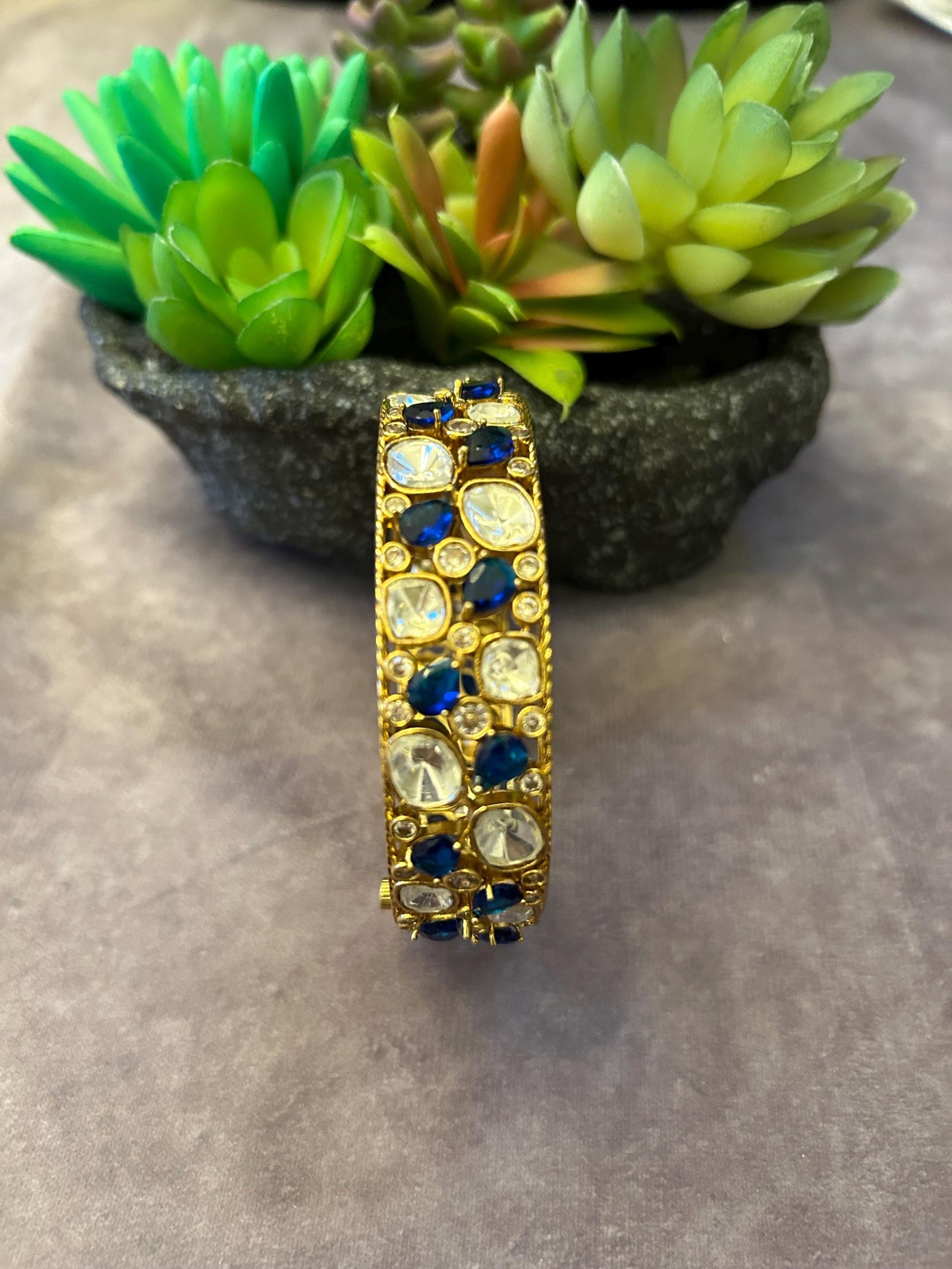 Polki and American diamonds kada bracelet gold polished navy blue