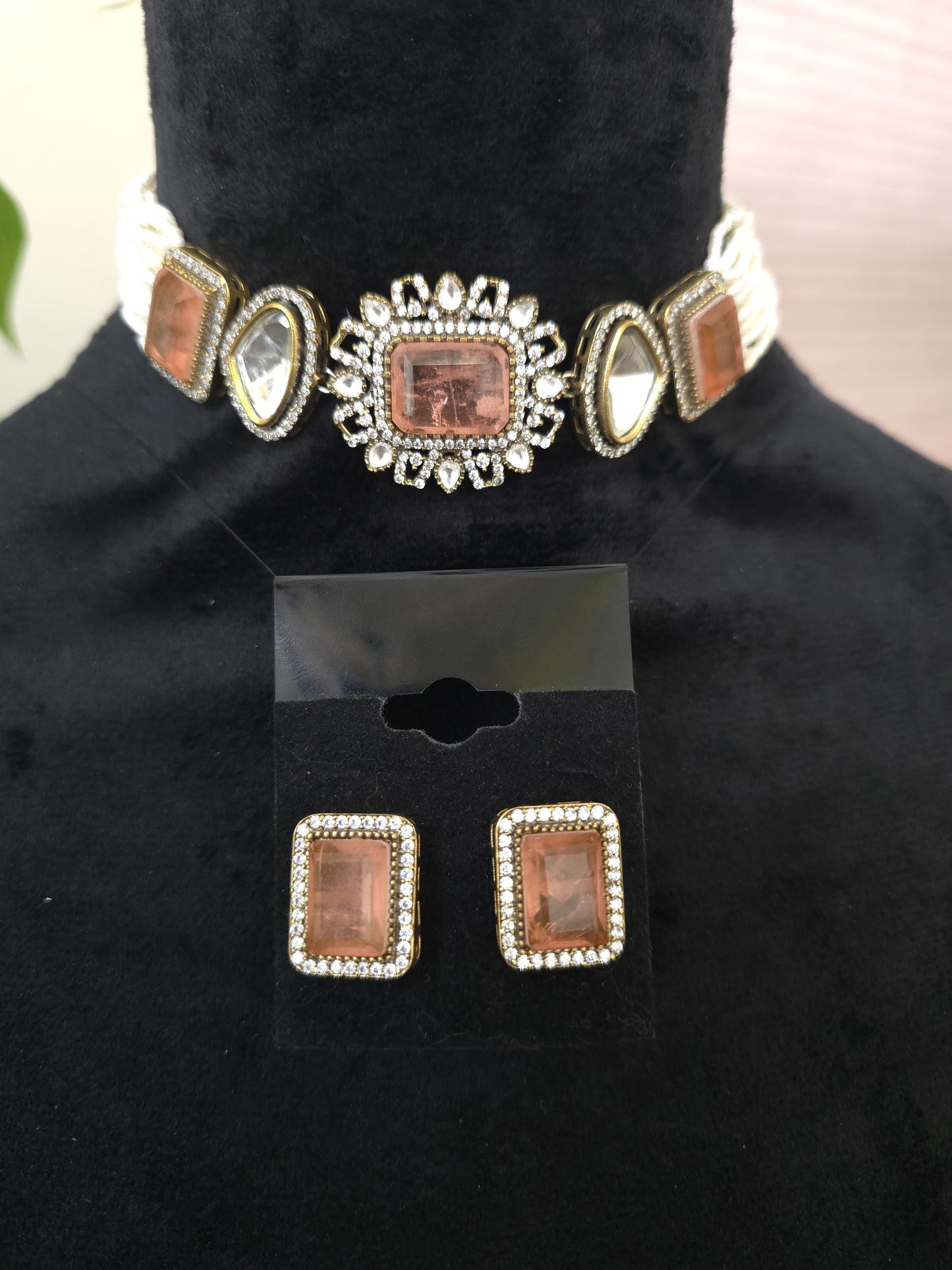 Doublet stone choker necklace set with Mossanite, polki American diamonds, pearls adjustable gold polished
