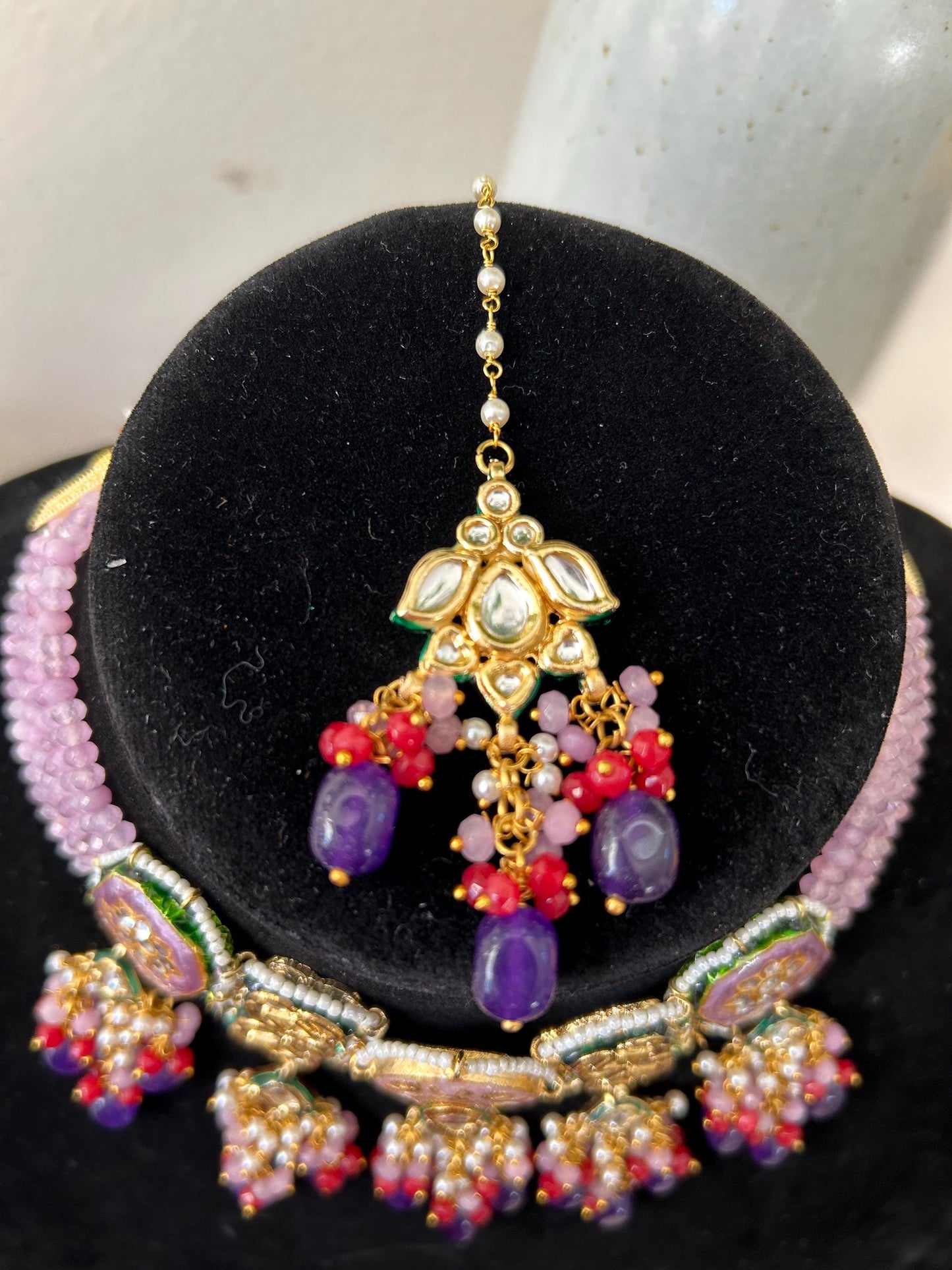 Premium choker necklace set with maang tikka, adjustable gold polished