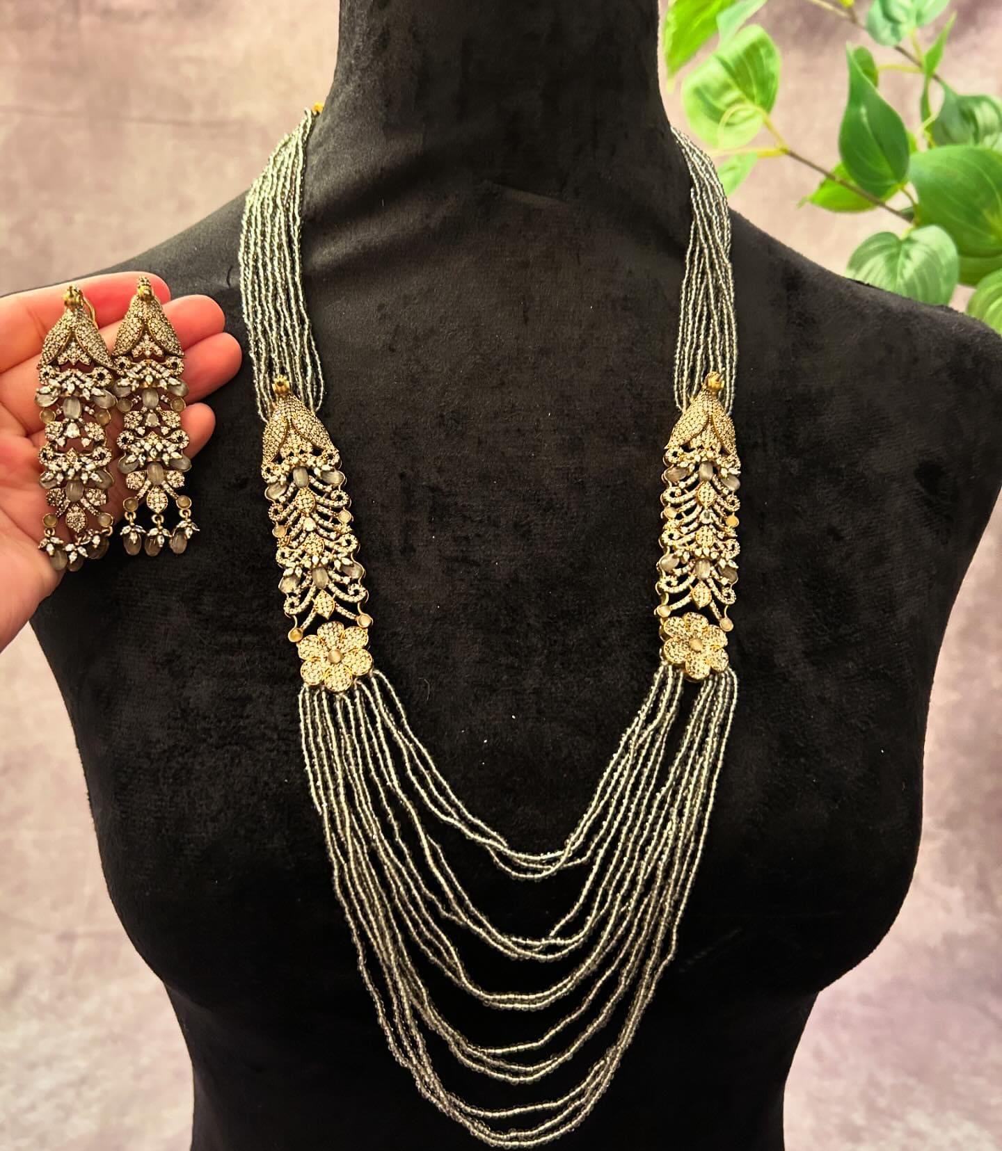 Premium sabya inspired long Victorian necklace set emeralds, pink and blue