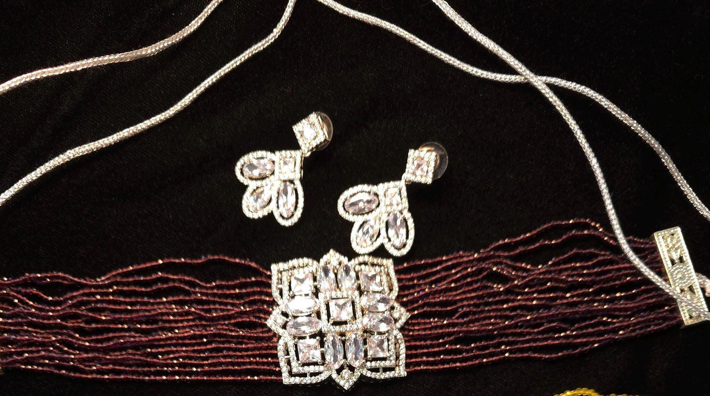 choker necklace set with American diamonds, adjustable gold polished