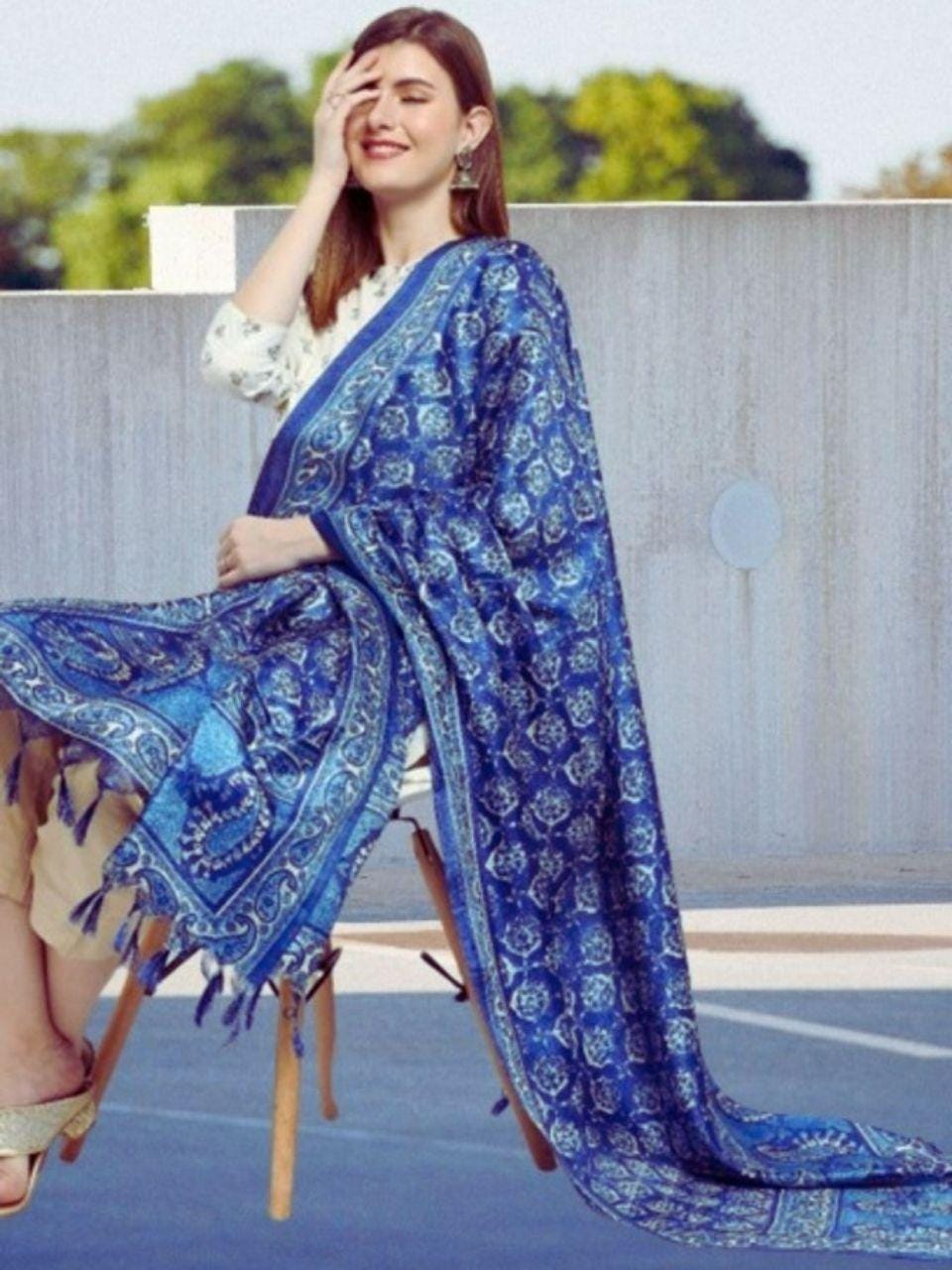 Blue Printed Art Silk Dupatta