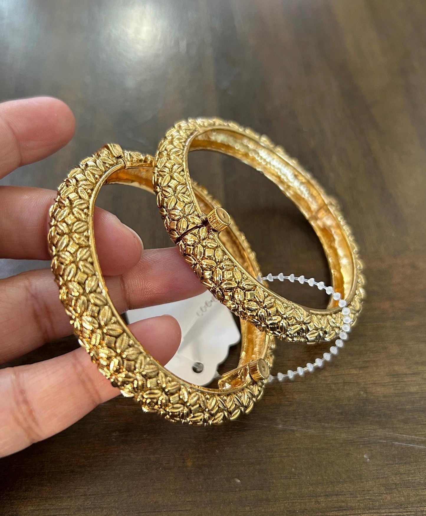 Gold polished bangles set of 2 antique finish openable