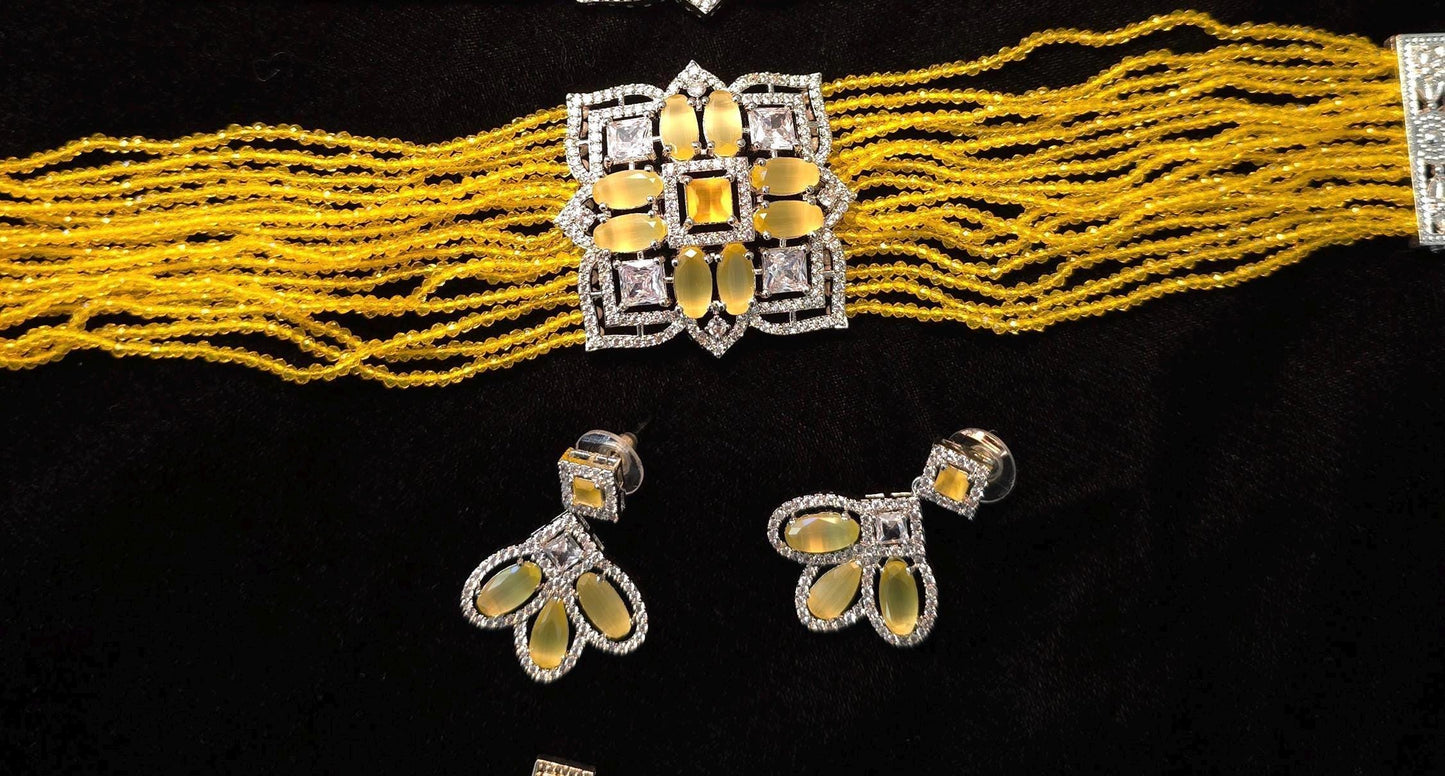 choker necklace set with American diamonds, adjustable gold polished
