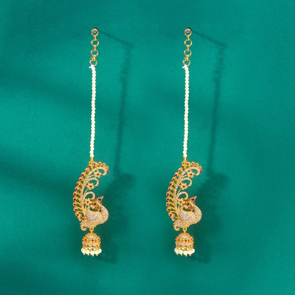 Gold ear cuff jhumka earrings with american diamonds peacock design with pearl ear chain gold polished, kaan chain earrings trendy