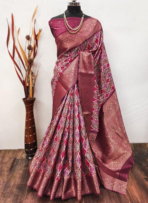 Soft Lichi Silk Sky Blue / Pink Festival Wear Printed Saree