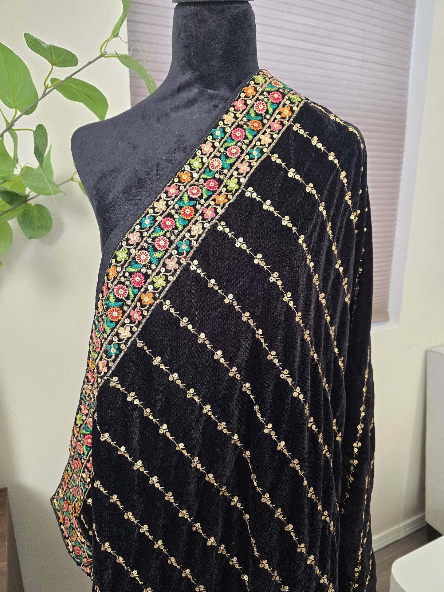 Multicolored Embroidery Work on black Velvet Dupatta trendy shawl stole