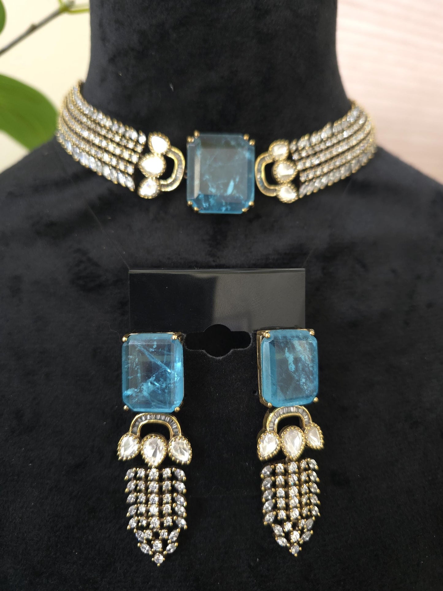 Doublet stone choker necklace set with Mossanite, polki American diamonds adjustable gold polished