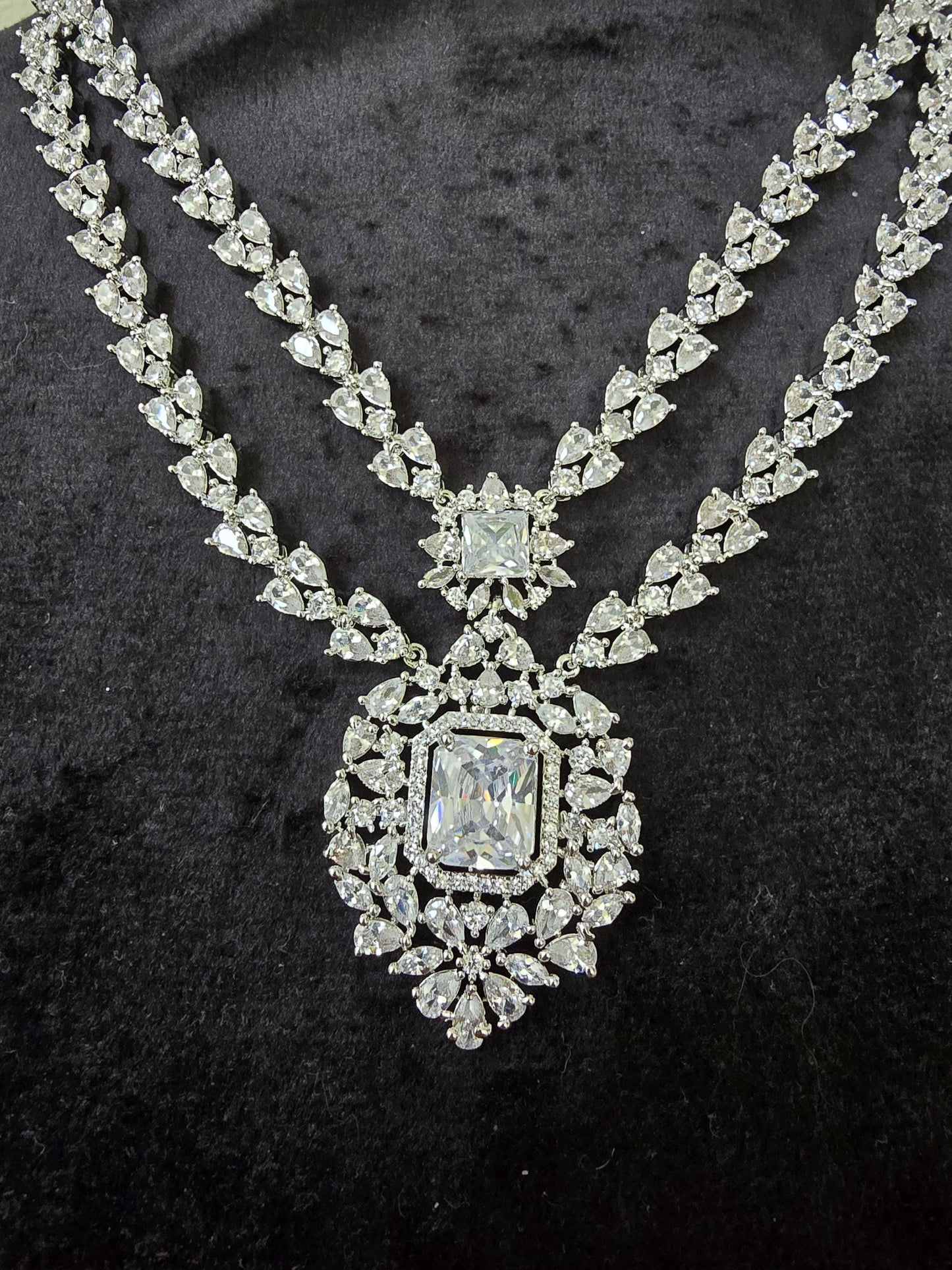 American diamonds long layered necklace set adjustable silver polished