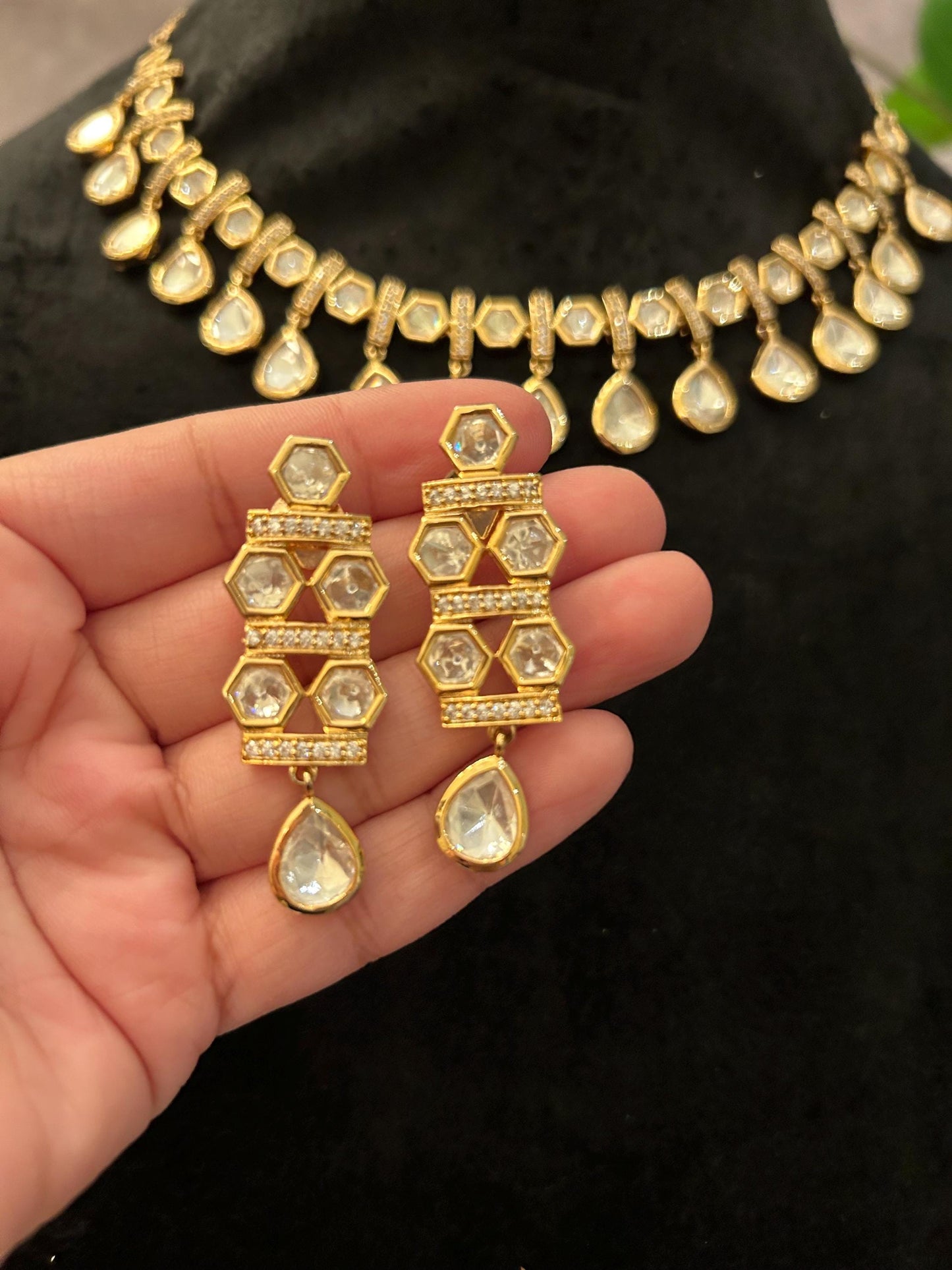 Real look a like Mossanite, polki American diamonds adjustable gold polished delicate necklace set