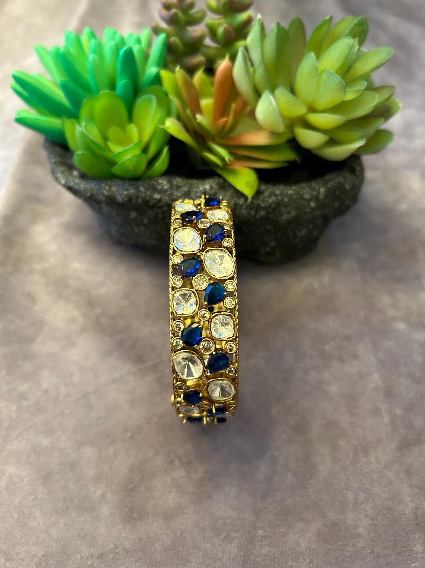 Polki and American diamonds kada bracelet gold polished navy blue