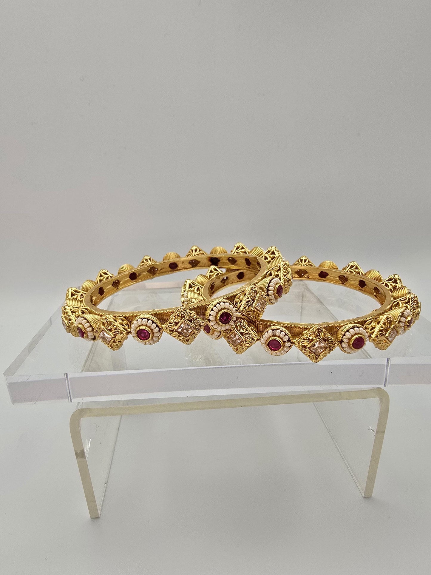 2.4 size Antique gold polished jadau bangles with pearls