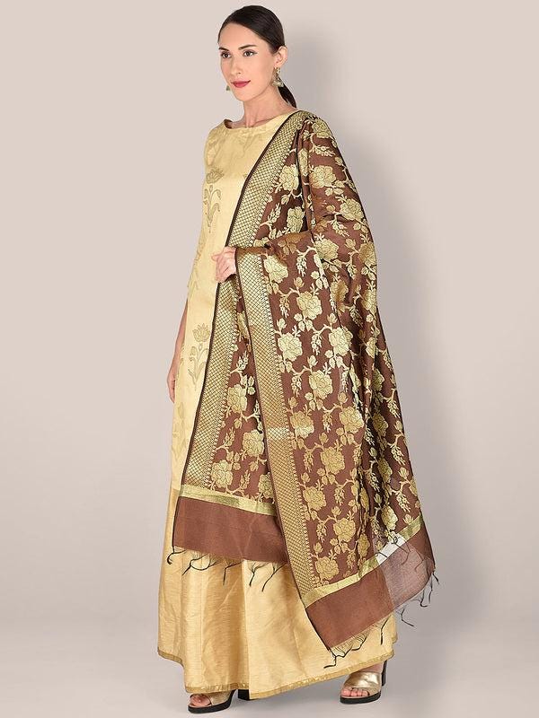 Brown Banarasi Silk Dupatta with Floral Jaal stole