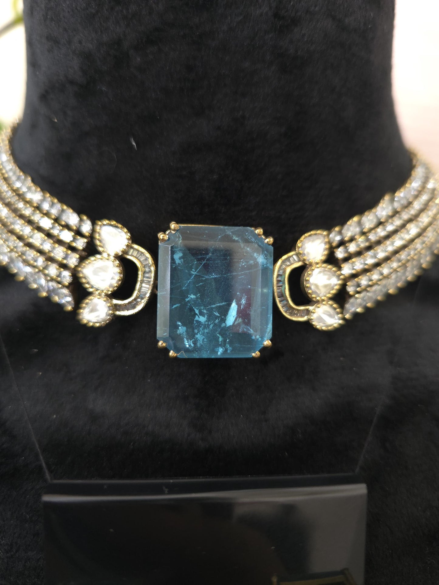 Doublet stone choker necklace set with Mossanite, polki American diamonds adjustable gold polished
