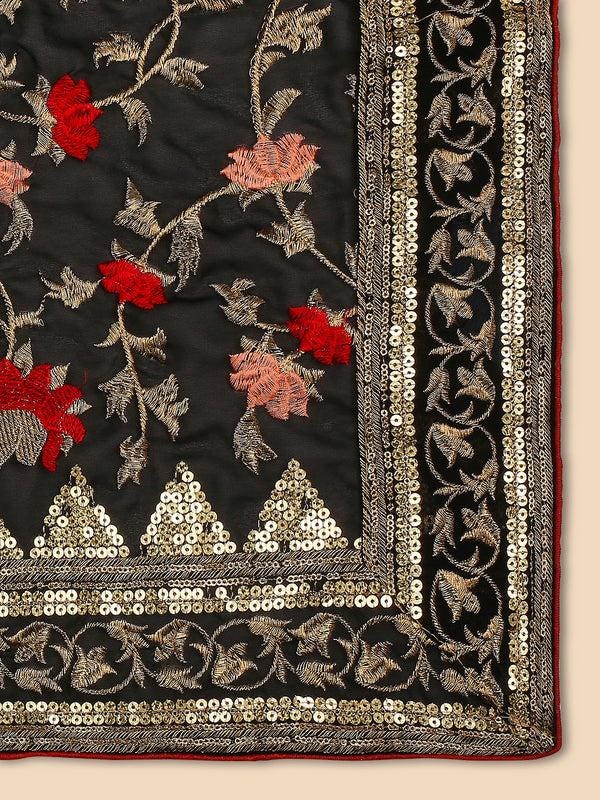 Black & Multicolour Embroidered Georgette Dupatta stole