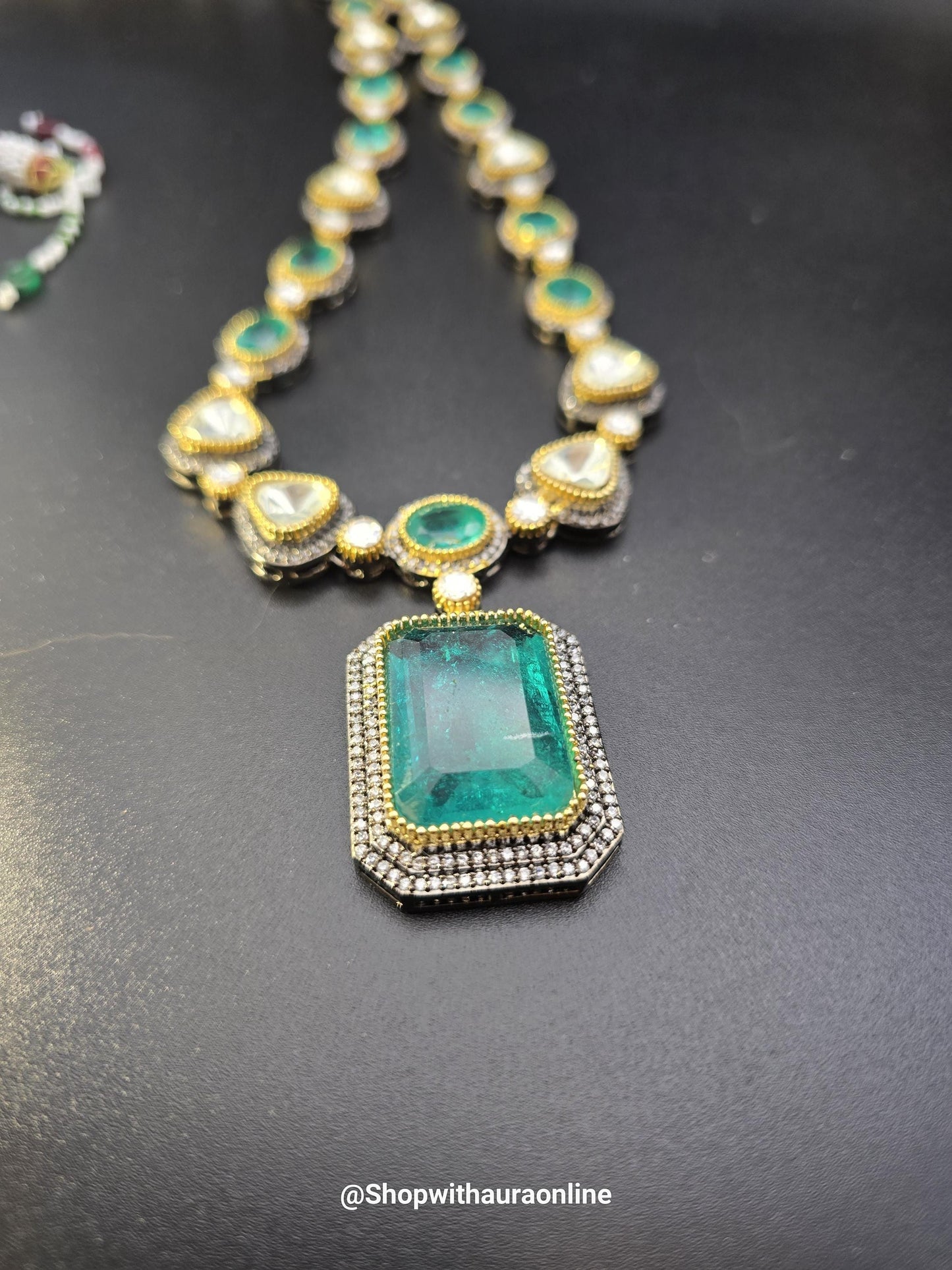 Doublet stone sea green necklace set with Mossanite, American diamonds adjustable gold polished