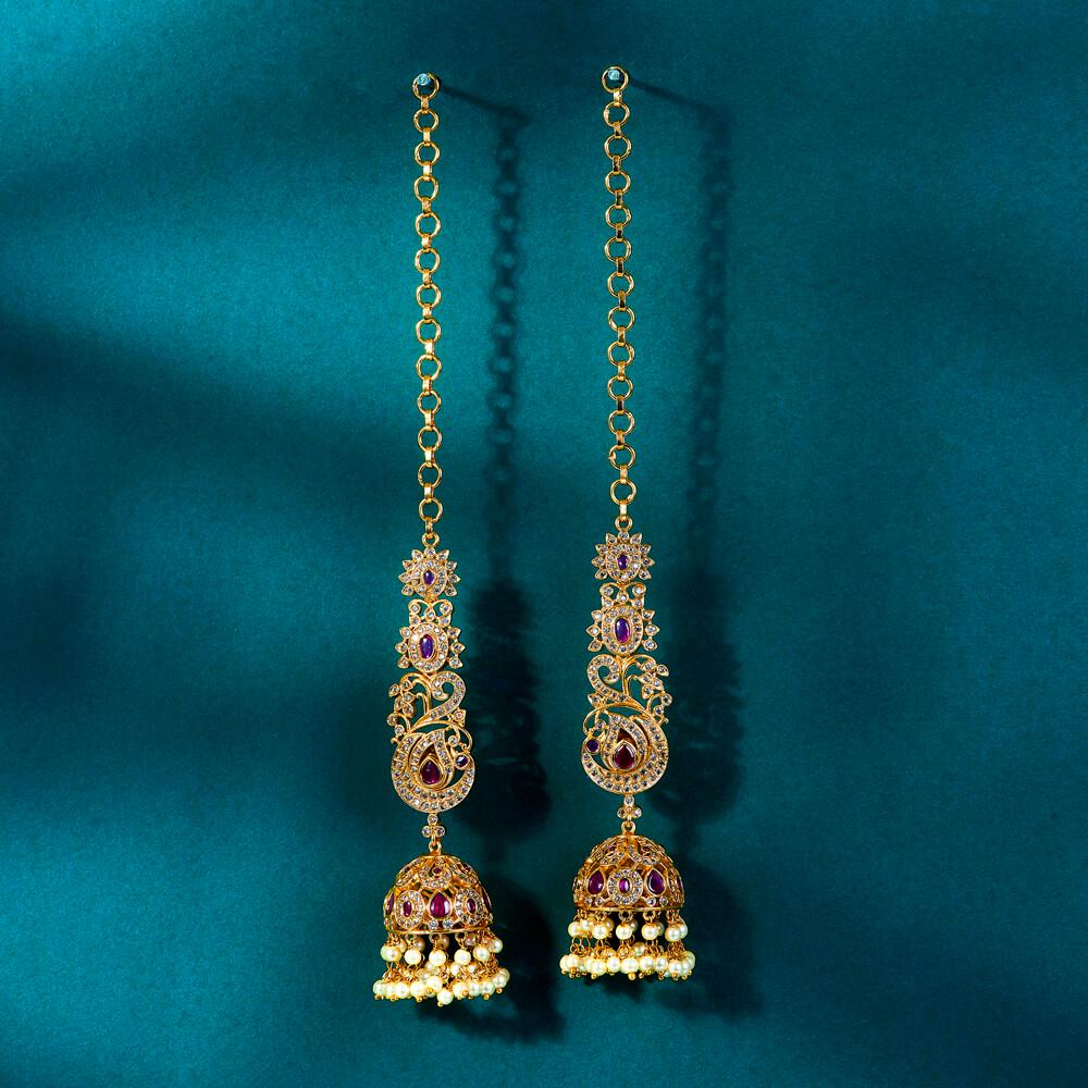 Antique finish american diamonds and jadau Jhumkas with Ear chain gold polished, kaan chain earrings trendy light weight