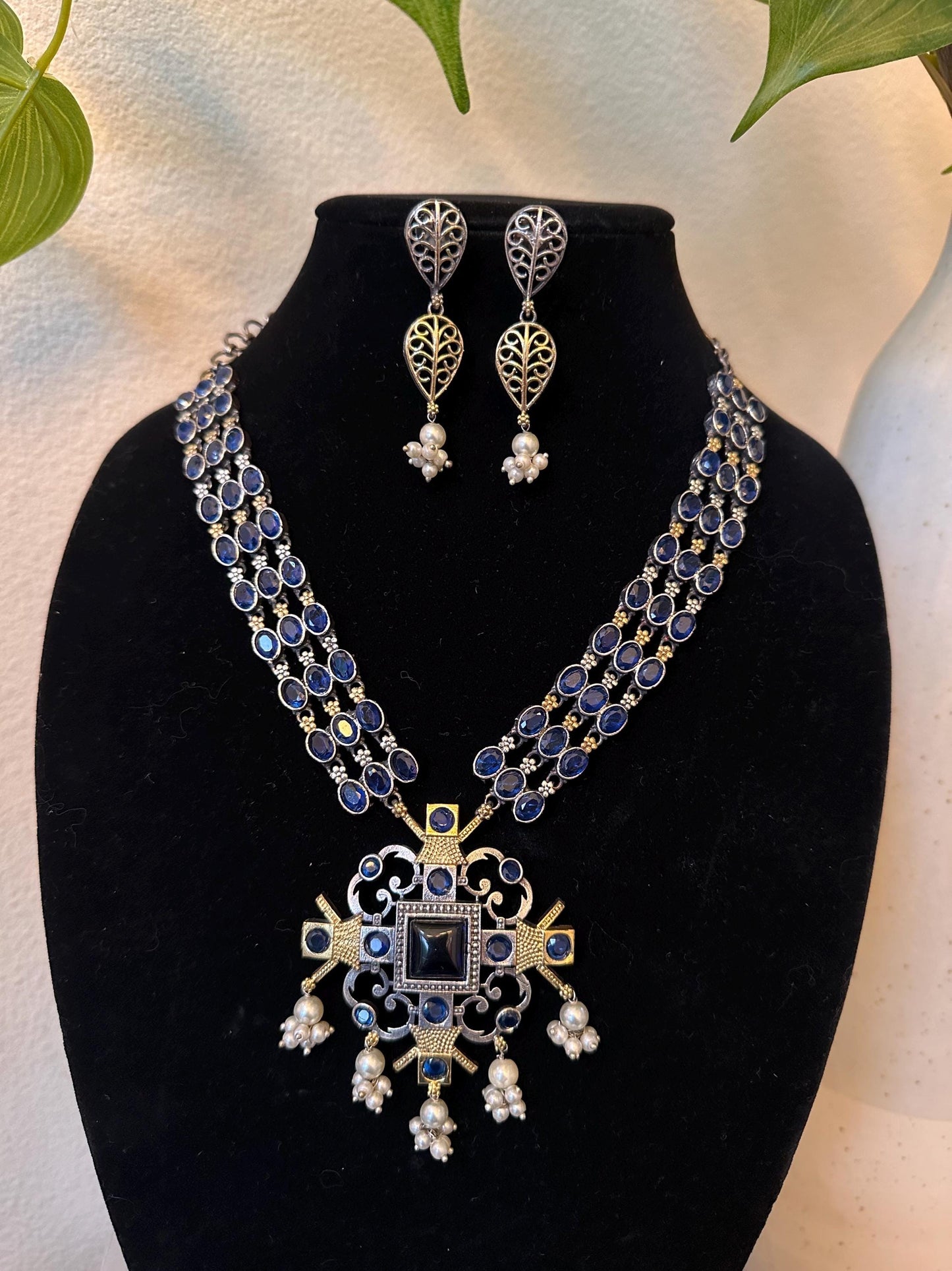 Oxidized necklace set silver gold German silver green blue