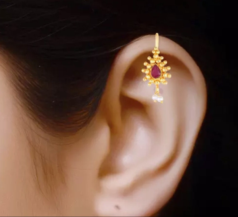 Maharashtrian Bugdi Ruby gold plating, wear it two ways like earrings or top ear accessory