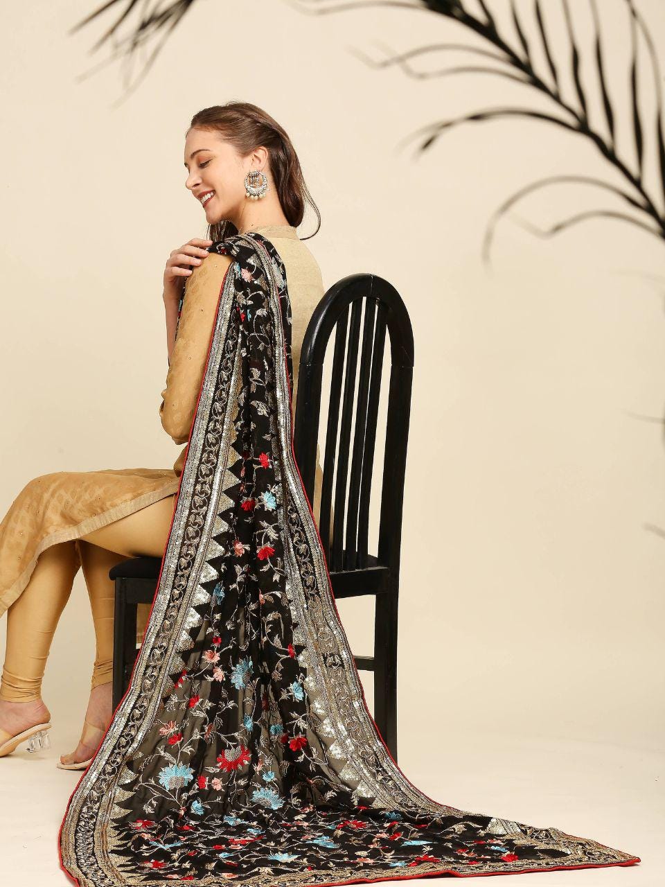 Black & Multicolour Embroidered Georgette Dupatta stole