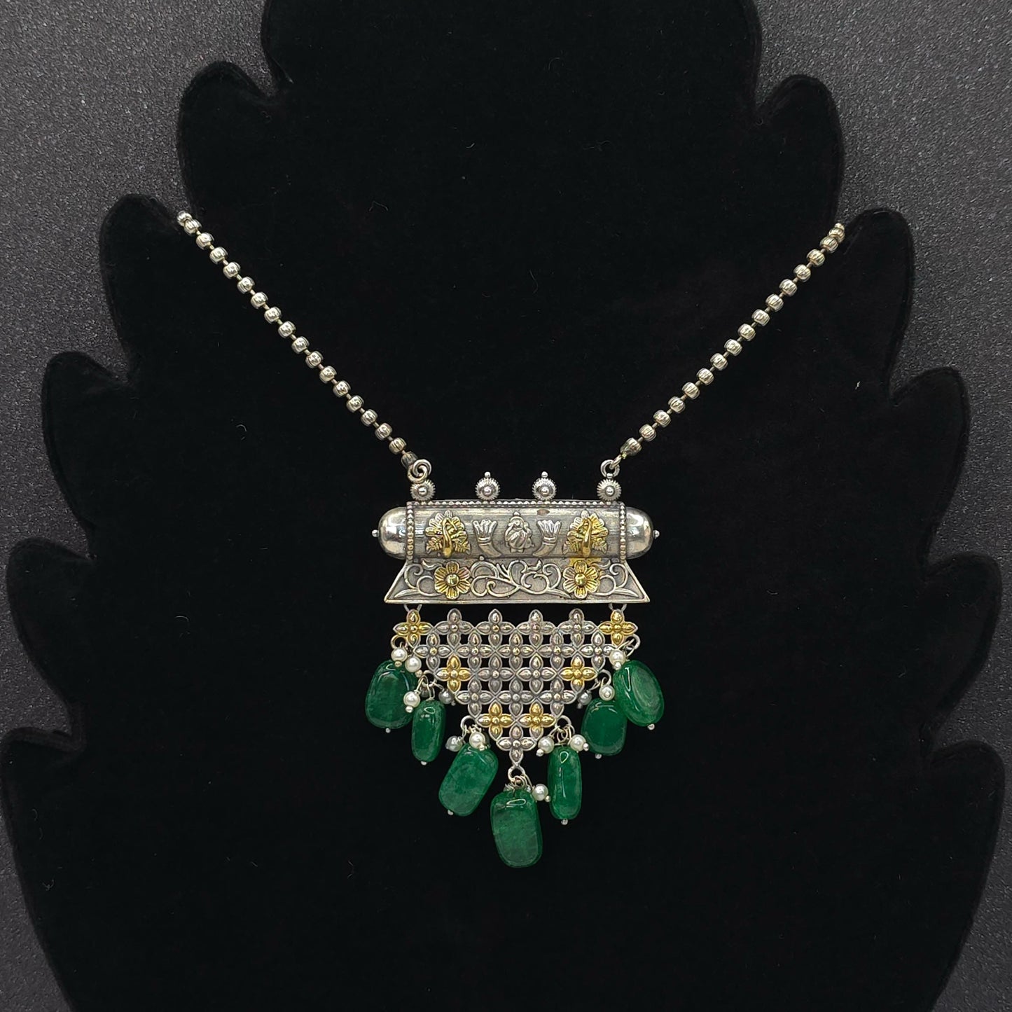 Oxidized necklace german gold and silver long green beads grey beads