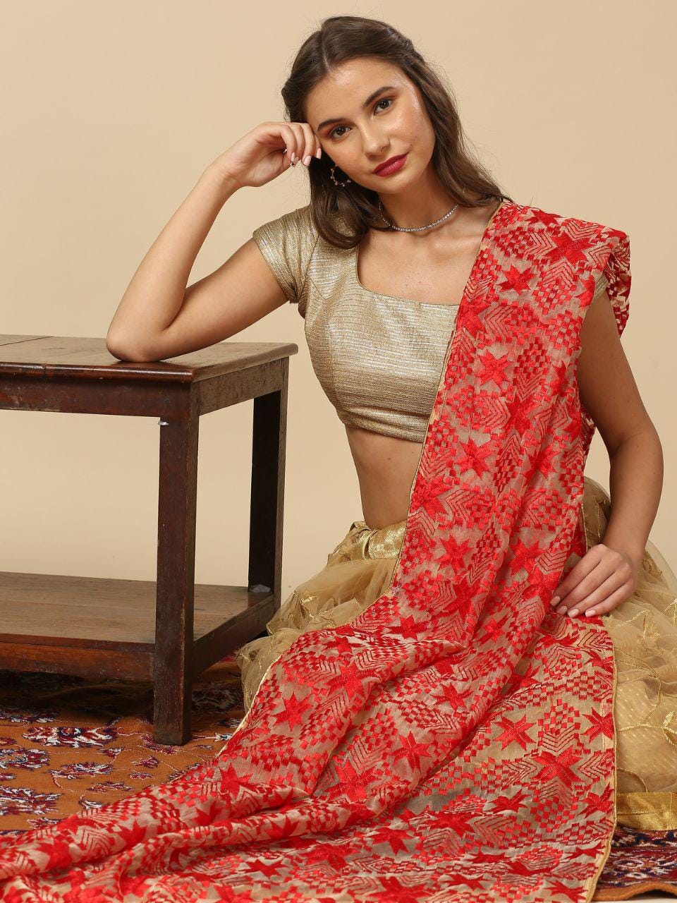 Women's Embroidered Organza Dupatta with Red Phulkari Embroidery stole