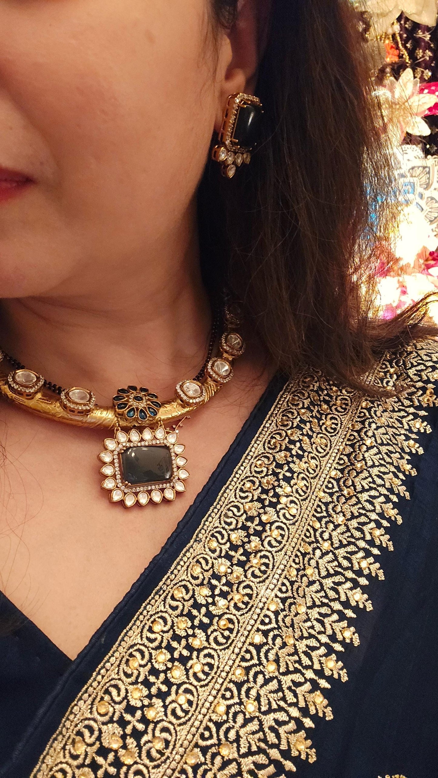 premium quality hasli necklace with doublet stones Mossanite and zirconia diamonds handmade gold blue red