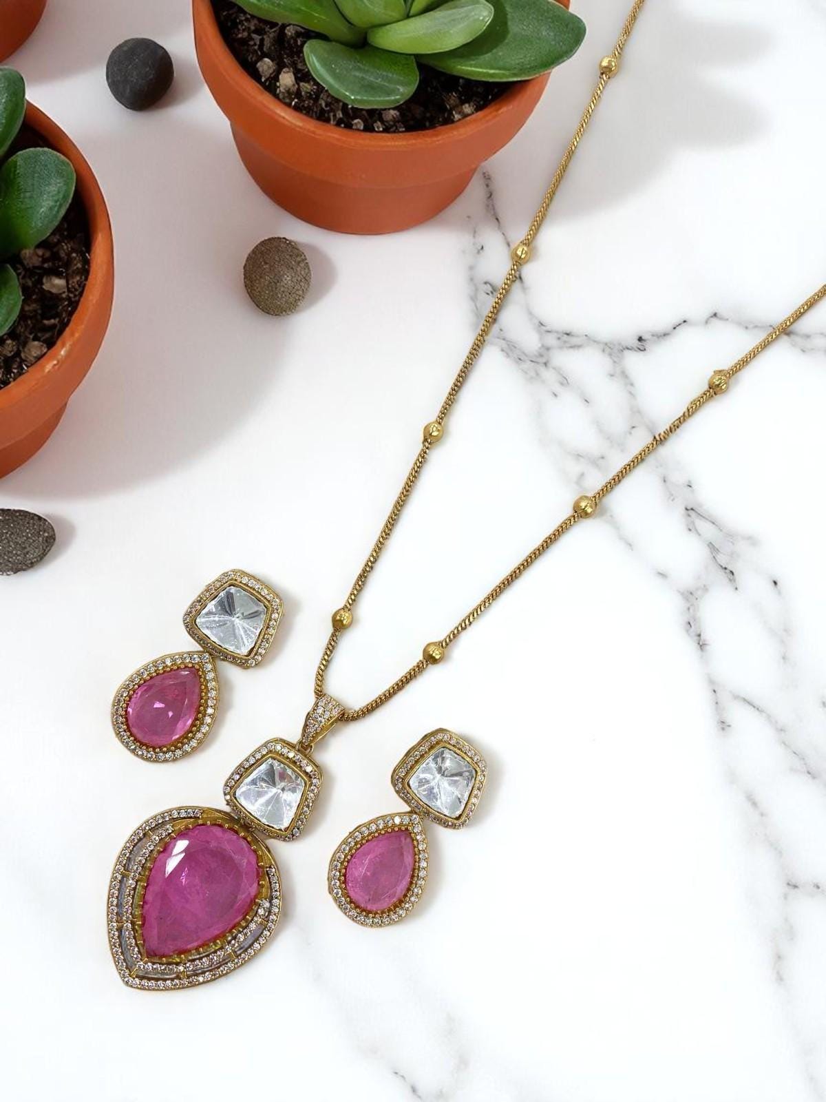 Mossanite, polki, American diamonds chain pendant necklace set adjustable gold polished