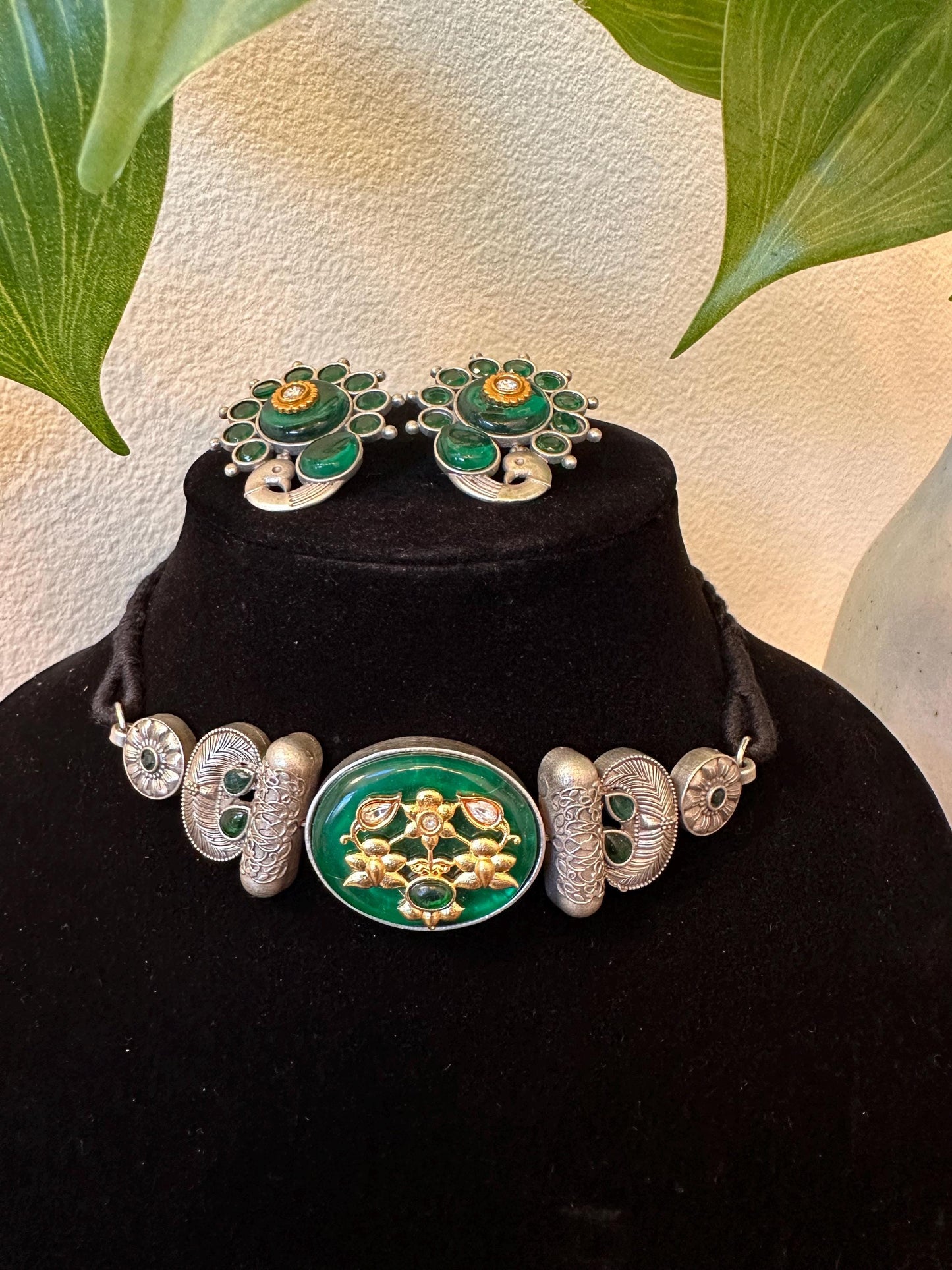 German silver necklace set choker blue, green and red trendy
