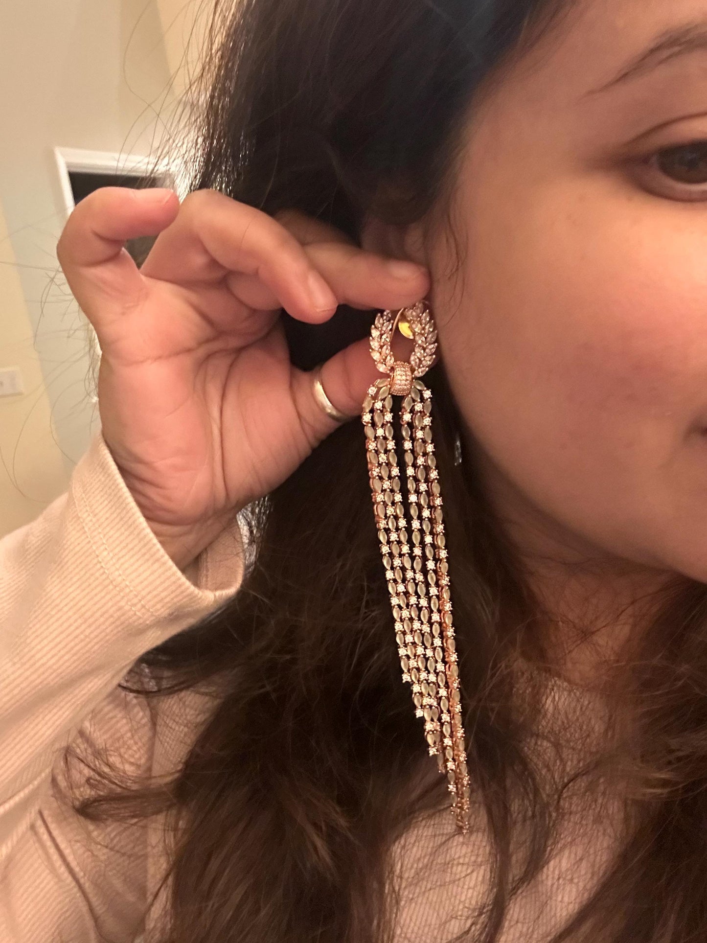 Deepika Padukone light green color American diamonds long earrings trendy premium quality long