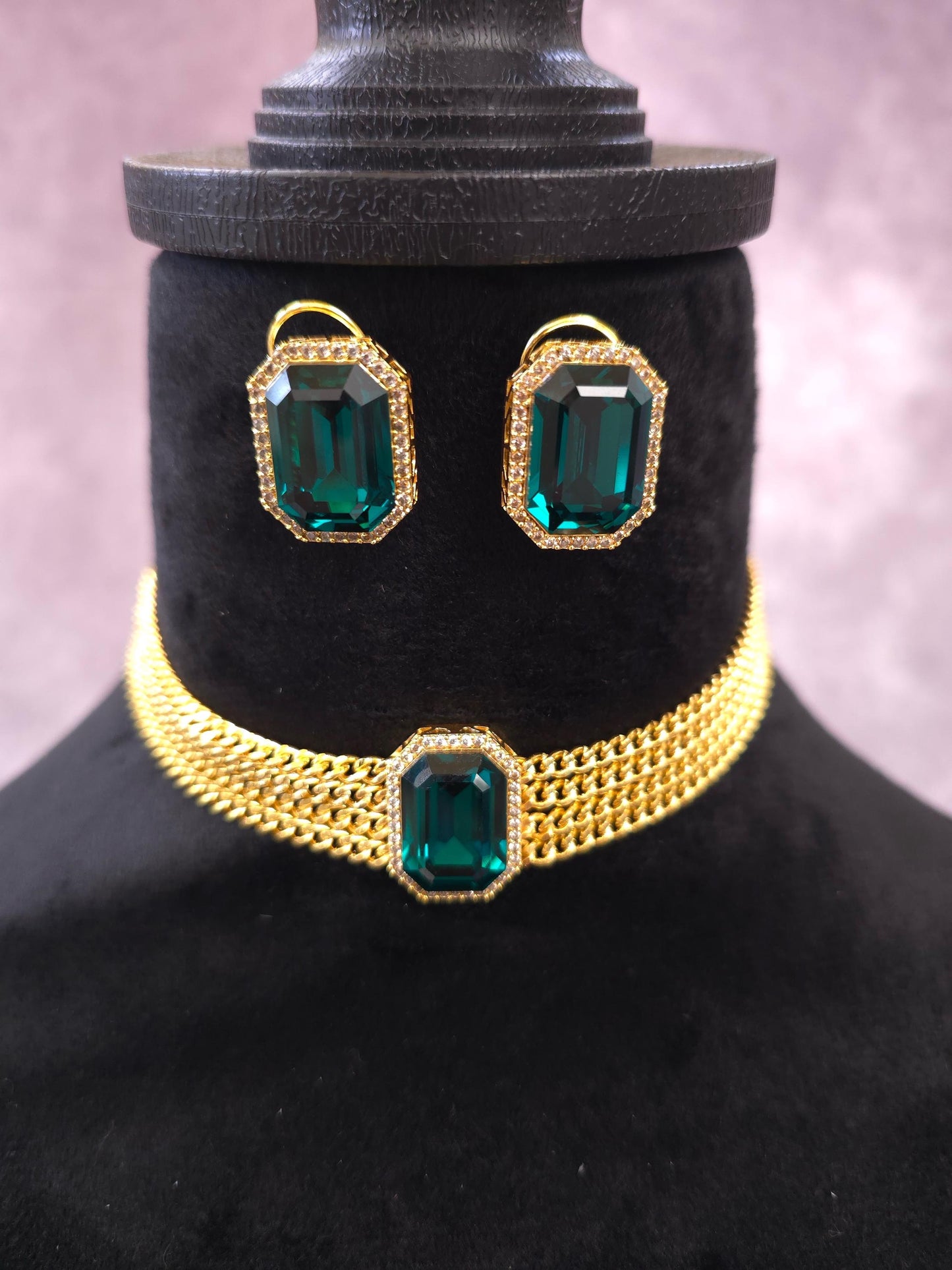 Premium choker necklace set with golden chain, green doublet stone and diamonds inspired by Bollywood celebrity modern minimal