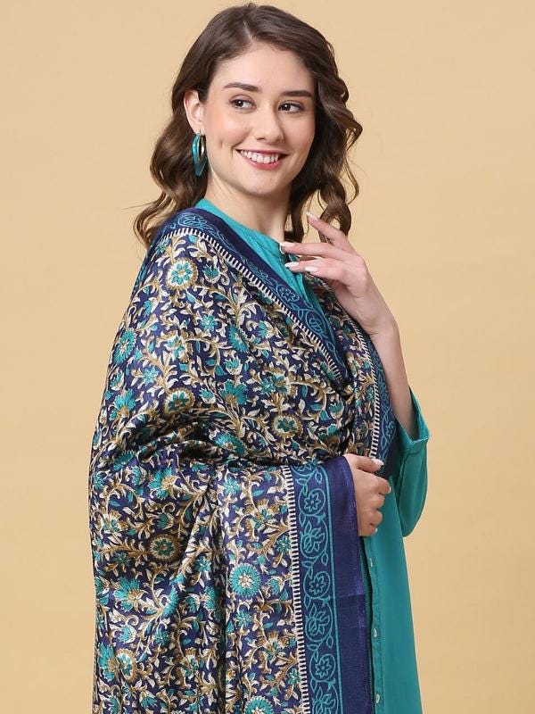 Floral Printed Art Silk Dupatta Blue