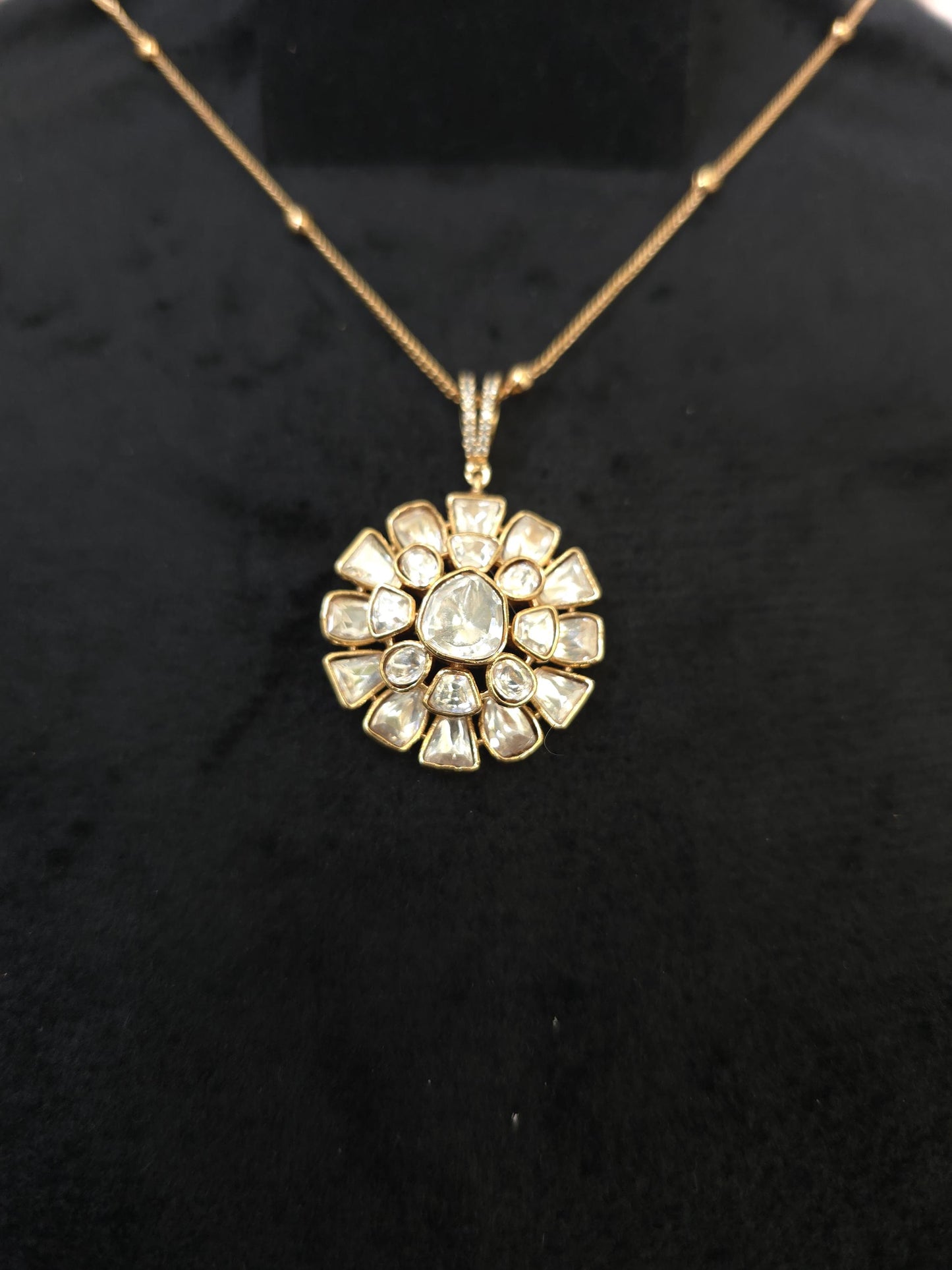 Mossanite, polki, American diamonds chain pendant necklace set adjustable gold polished