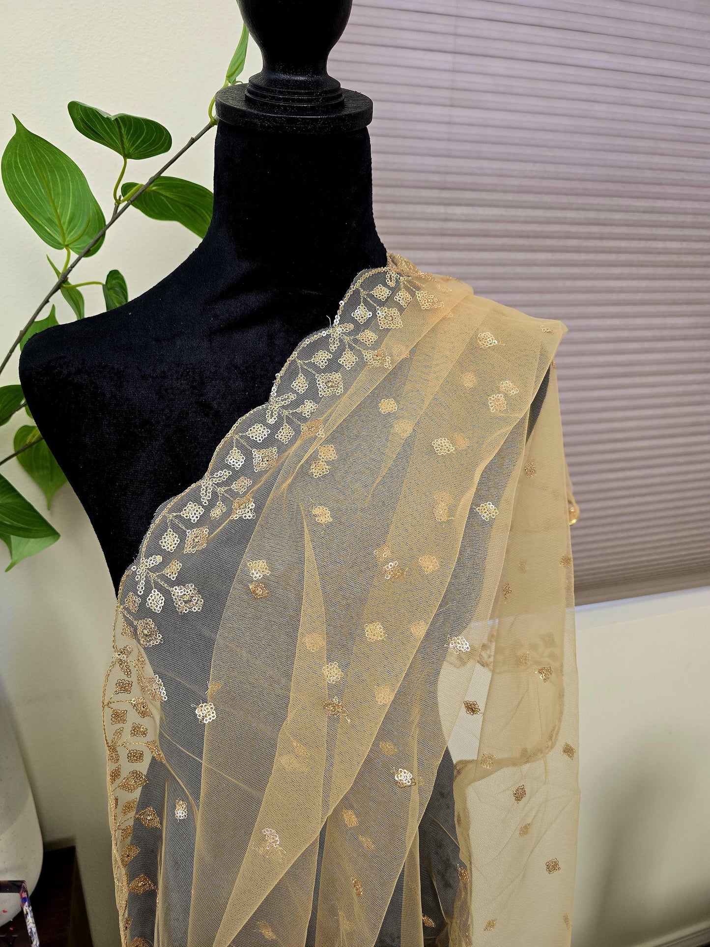 Jaal Embroidered Gold Net Dupatta golden trendy delicate shawl stole