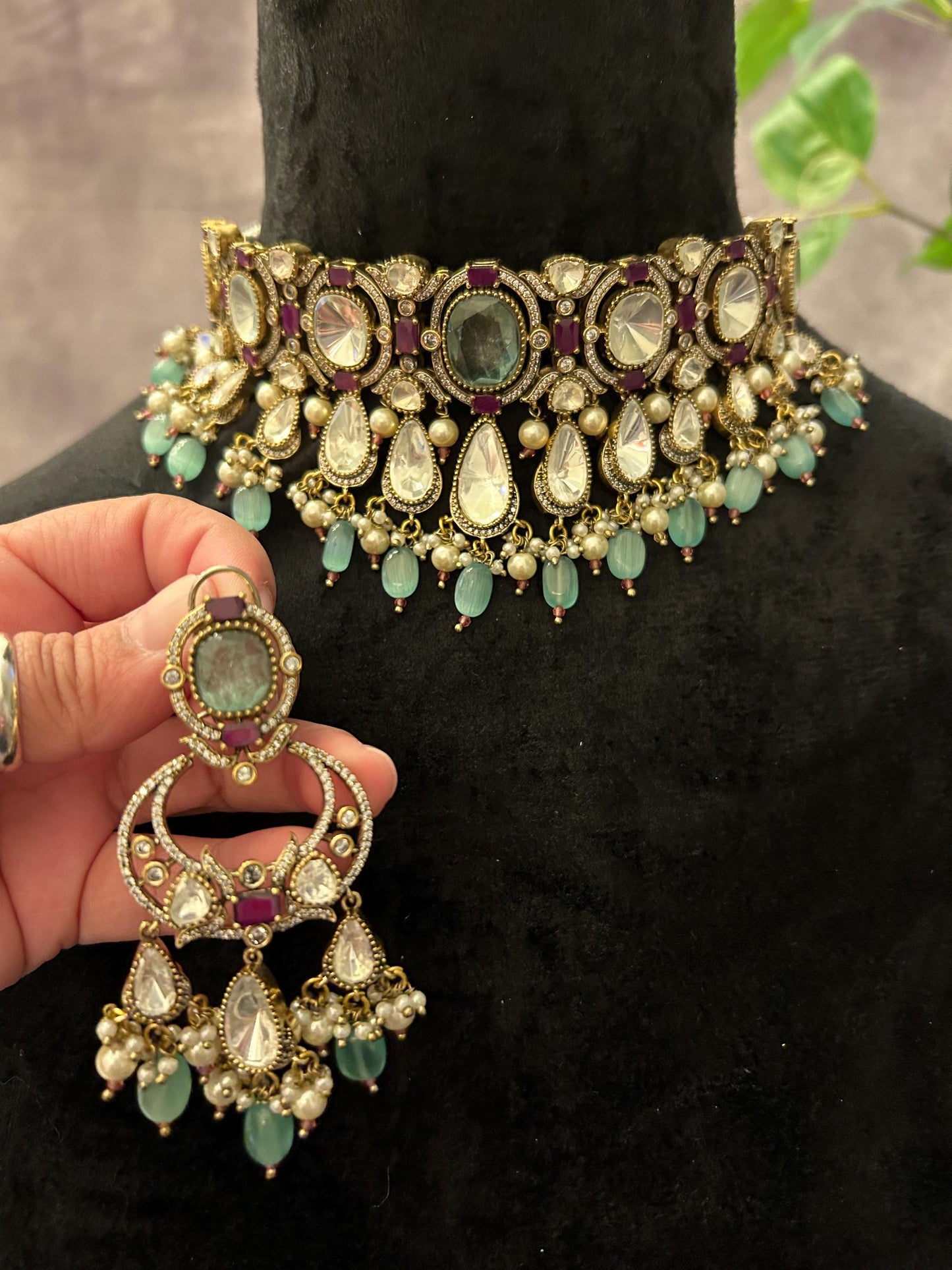 Sara Ali Khan inspired Doublet stone choker necklace set with Mossanite, polki American diamonds adjustable gold polished