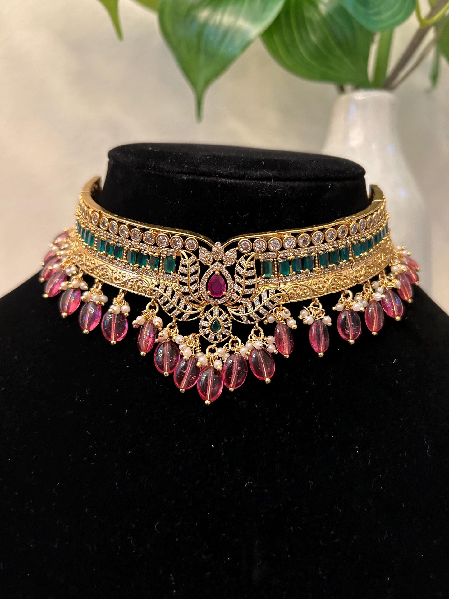 Premium choker necklace set with zirconia diamonds, adjustable gold polished