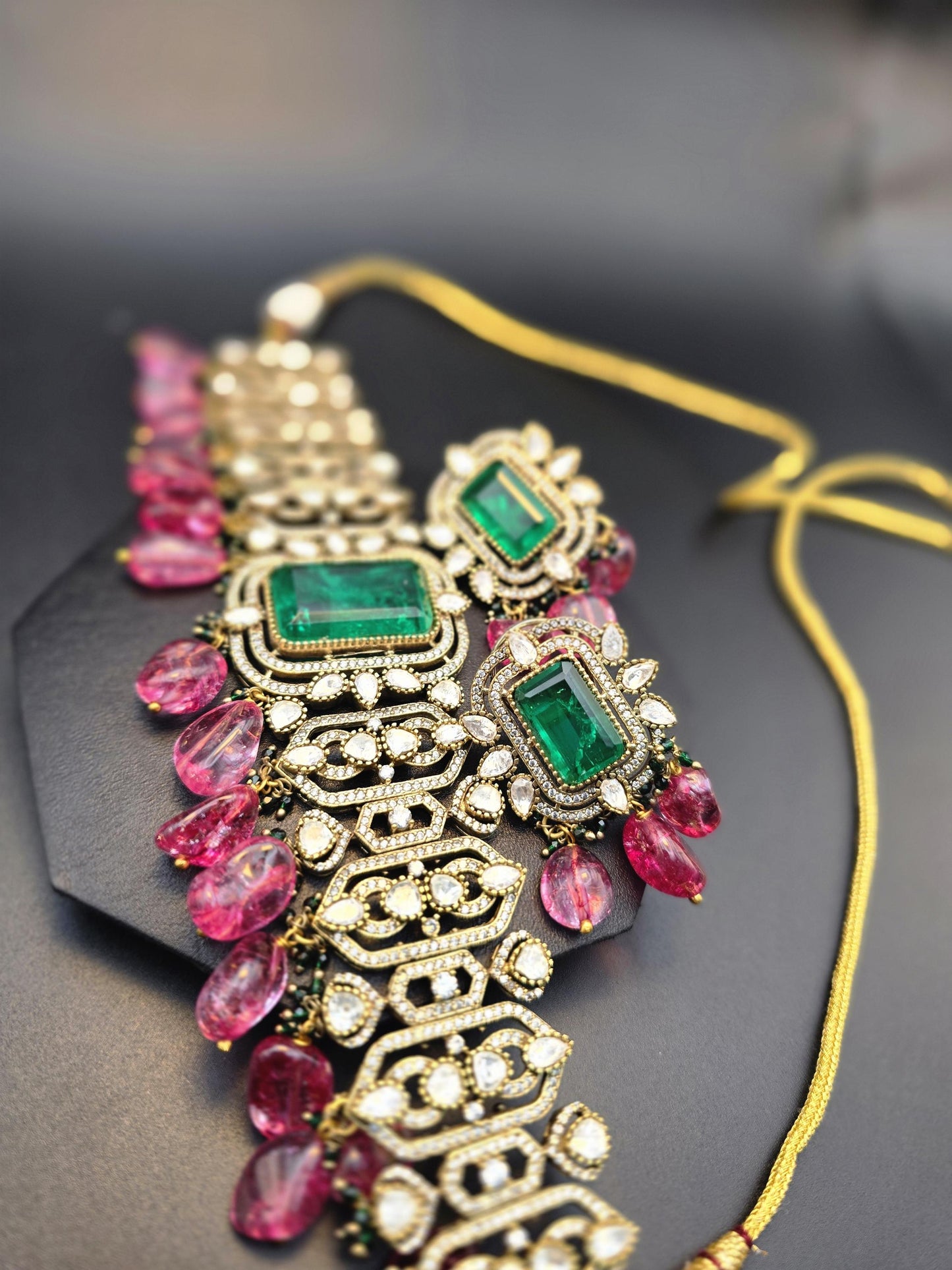 Semiprecious stone choker necklace set with Mossanite, polki American diamonds adjustable gold polished